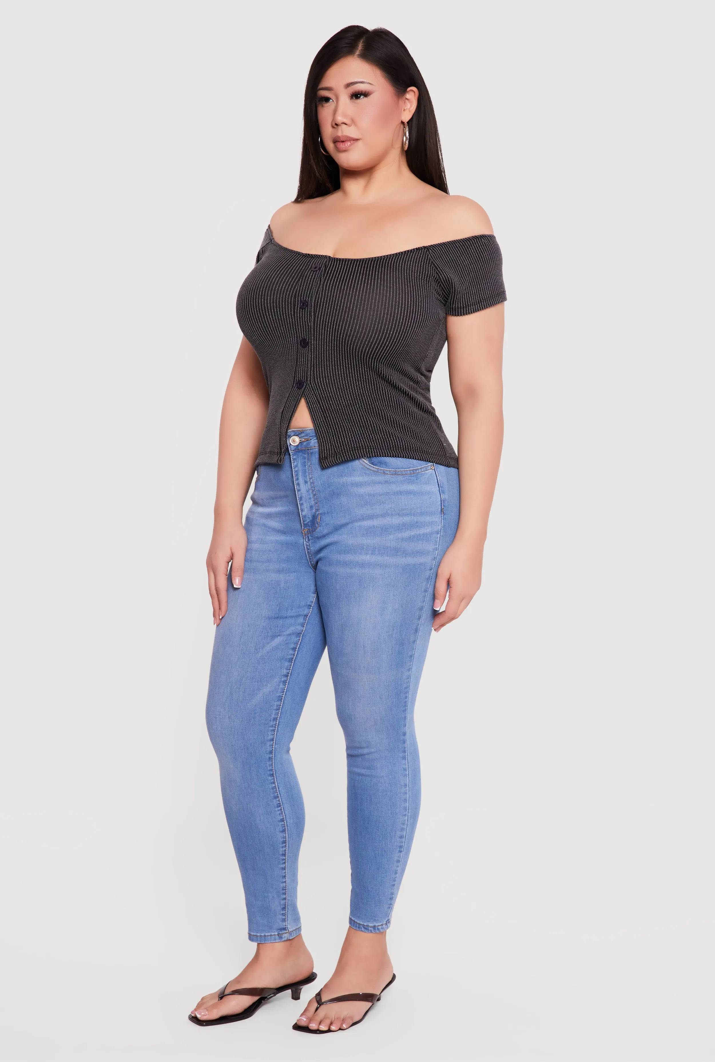 Plus Size Rib Knit Off The Shoulder Slit Front Top sold by Rainbow product image thumbnail 3