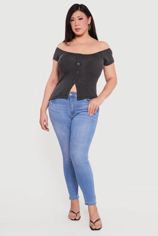 Plus Size Rib Knit Off The Shoulder Slit Front Top sold by Rainbow