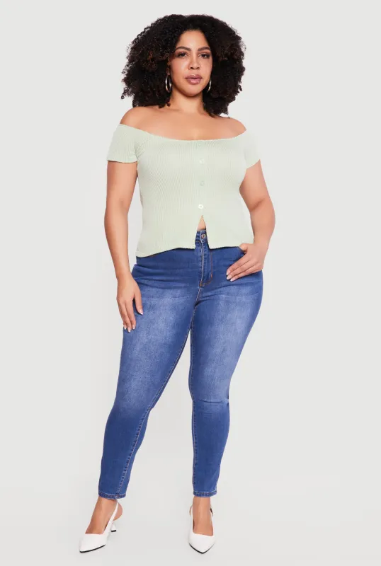 Plus Size Rib Knit Off The Shoulder Slit Front Top sold by Rainbow