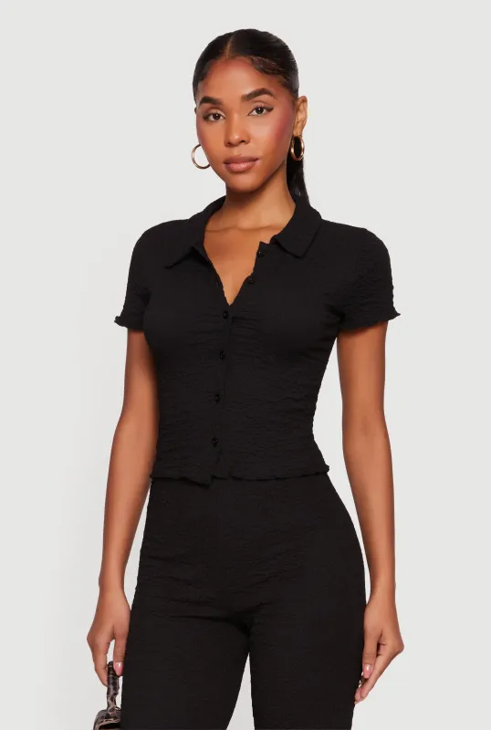 Textured Knit Button Front Shirt made by iris