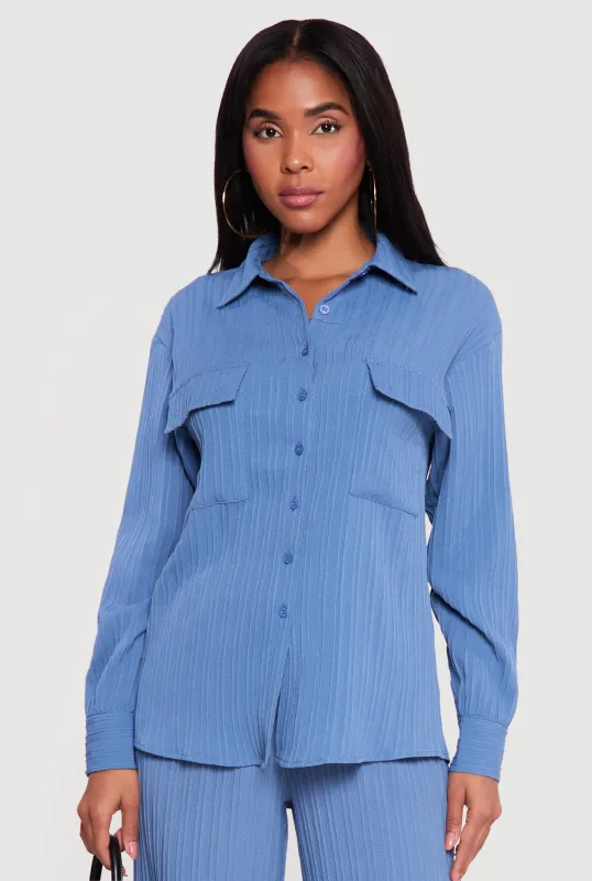 Ribbed Knit Button Front Collared Blouse made by iris