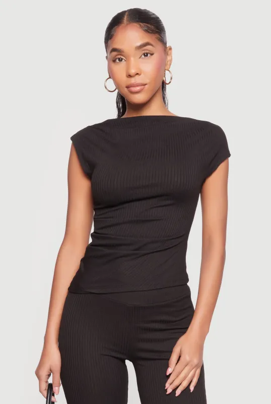 Ribbed Knit Cap Sleeve Ruched Top made by Rainbow