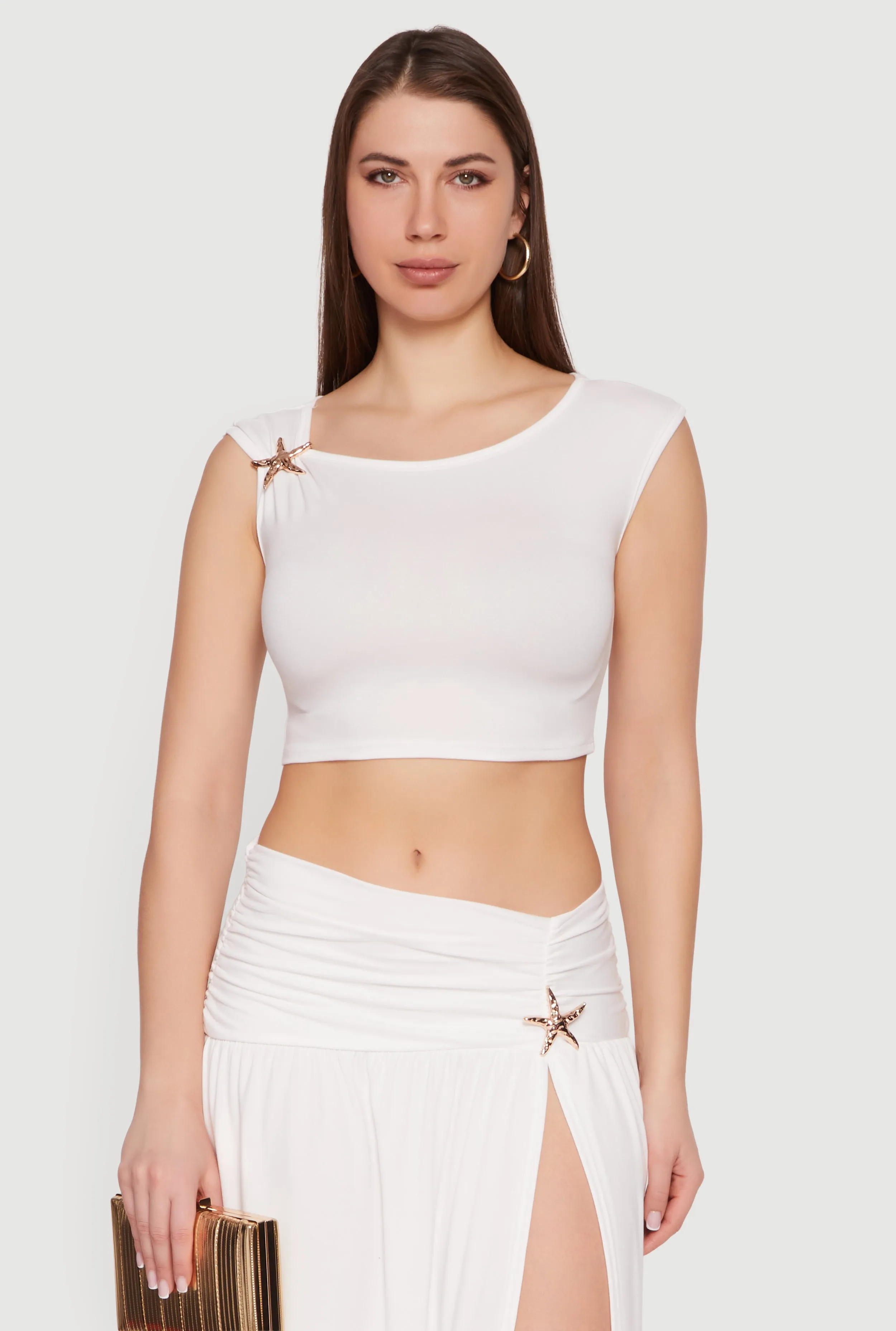 Metallic Starfish Brooch Asymmetrical Crop Top sold by Rainbow