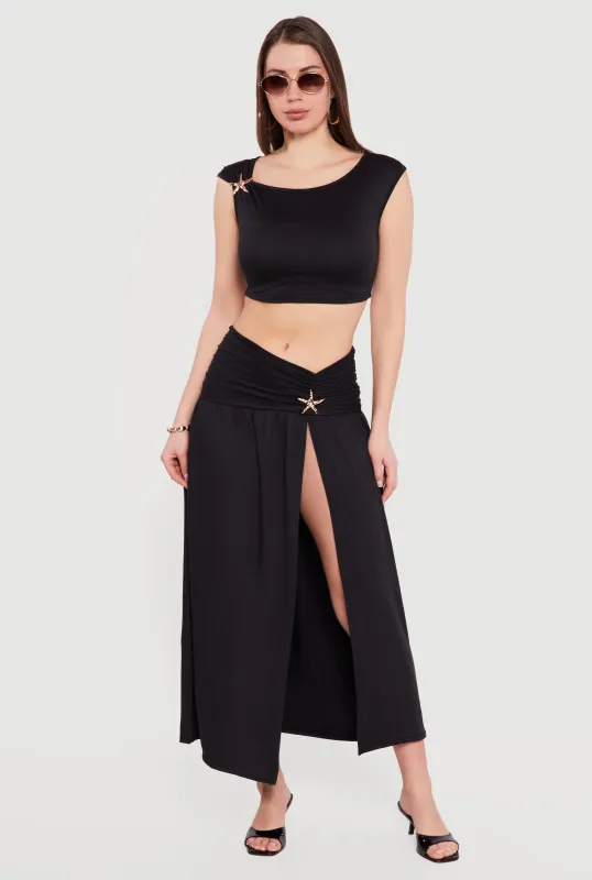 Metallic Starfish Side Slit Maxi Skirt made by Rainbow