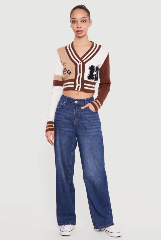 13 Graphic Patch Varsity Cropped Cardigan sold by Rainbow