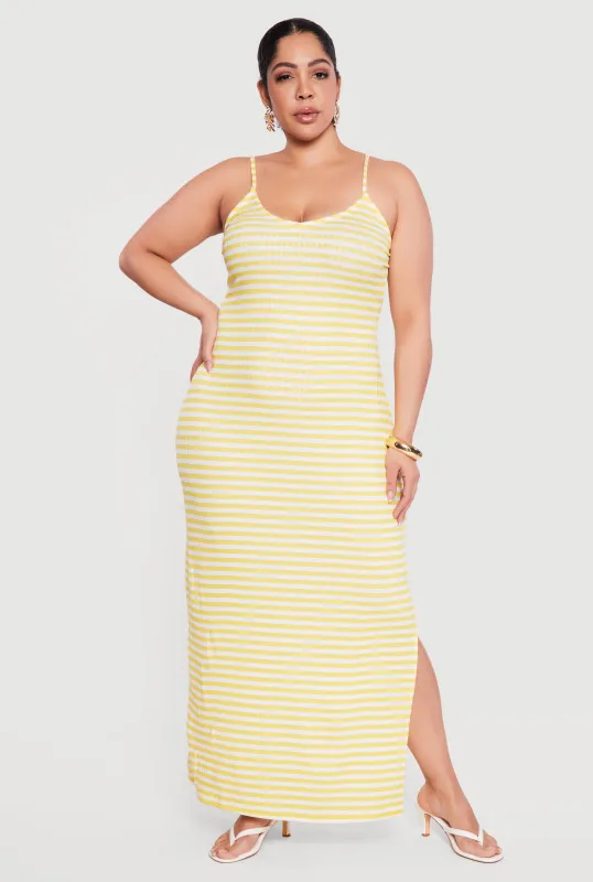 Plus Size Striped Rib Knit Side Slit Cami Maxi Dress sold by Rainbow