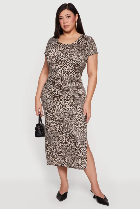 Plus Size Leopard Print Rib Knit Side Slit Dress sold by Rainbow