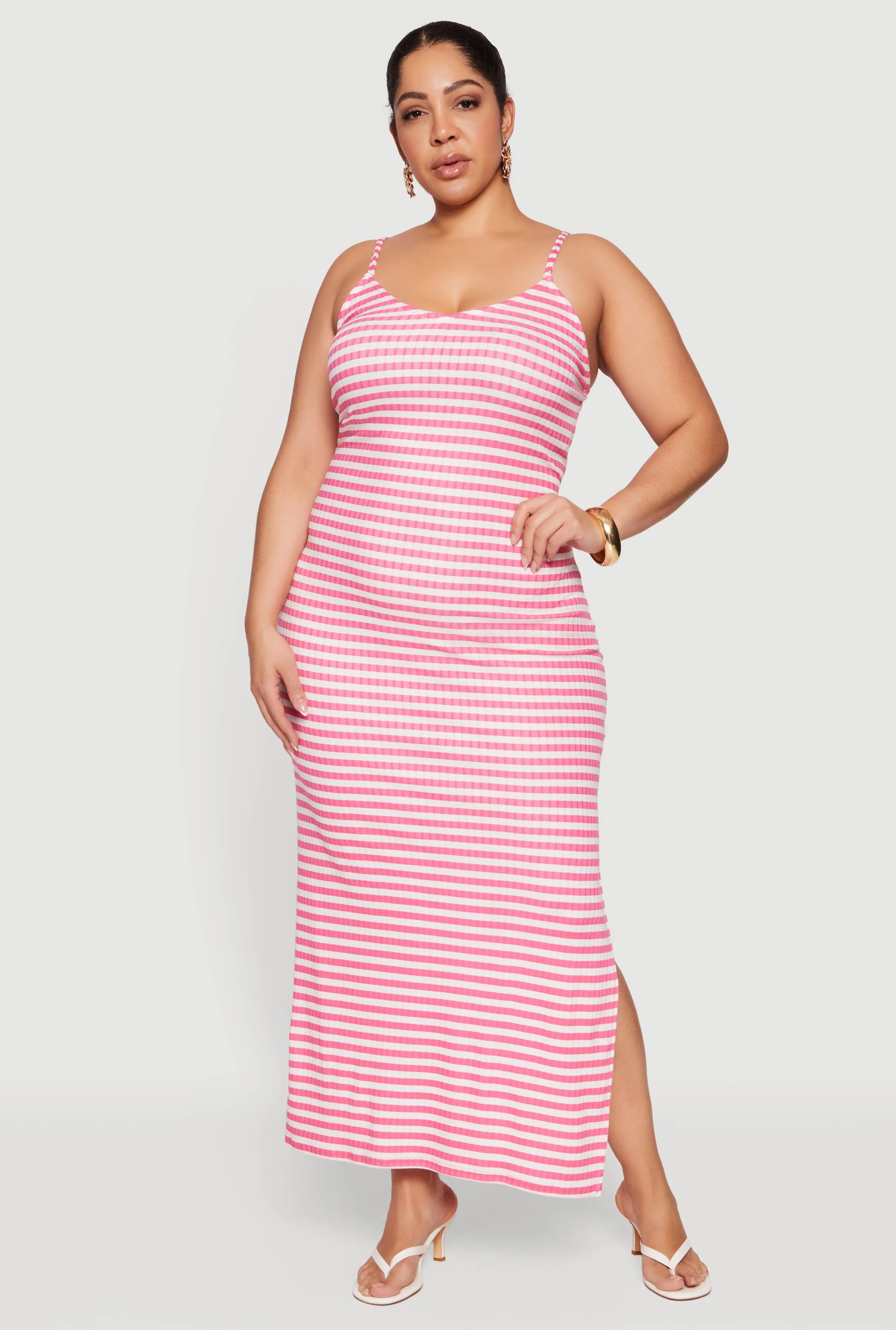 Plus Size Striped Rib Knit Side Slit Cami Maxi Dress sold by Rainbow product image thumbnail 3