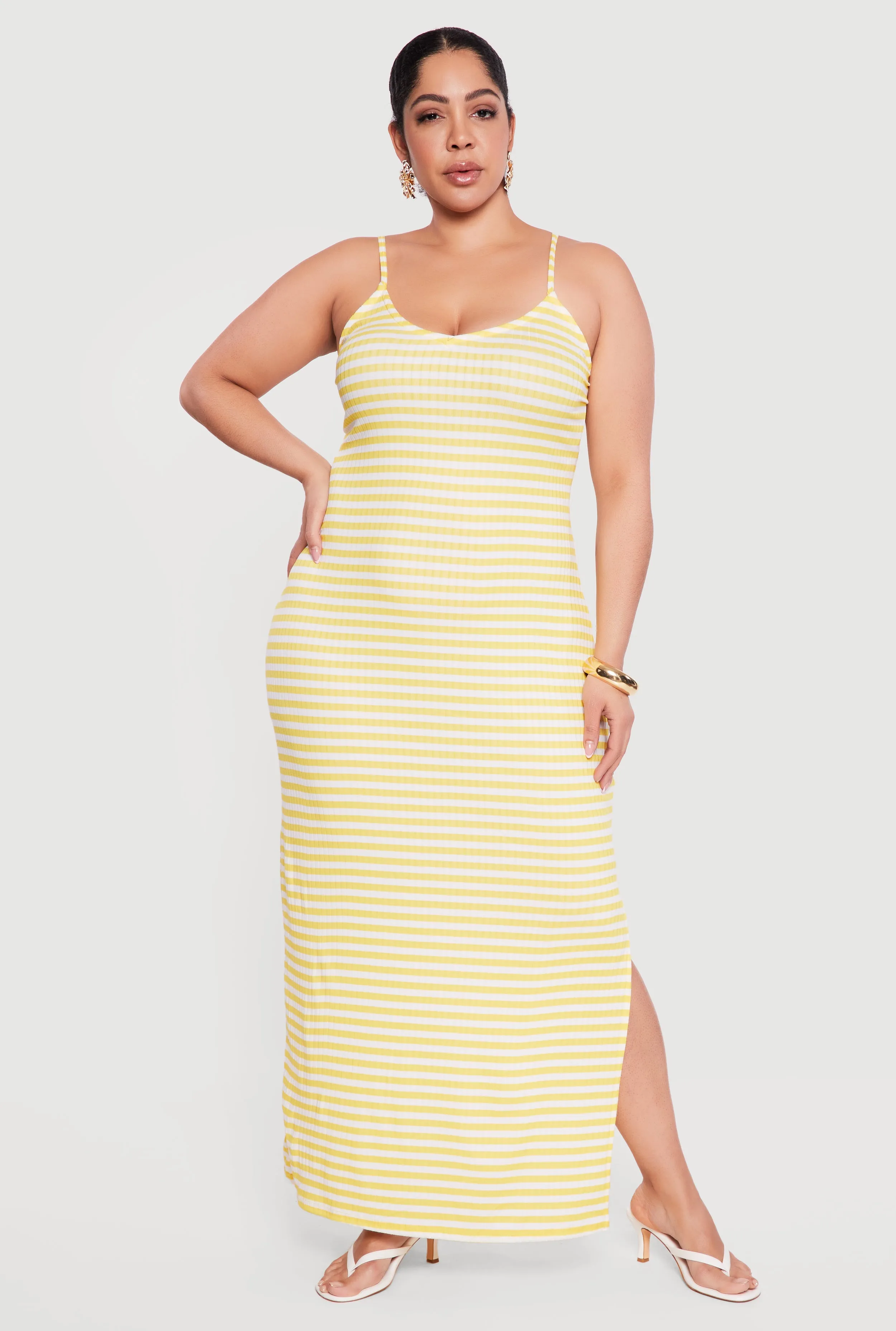 Plus Size Striped Rib Knit Side Slit Cami Maxi Dress sold by Rainbow product image thumbnail 4