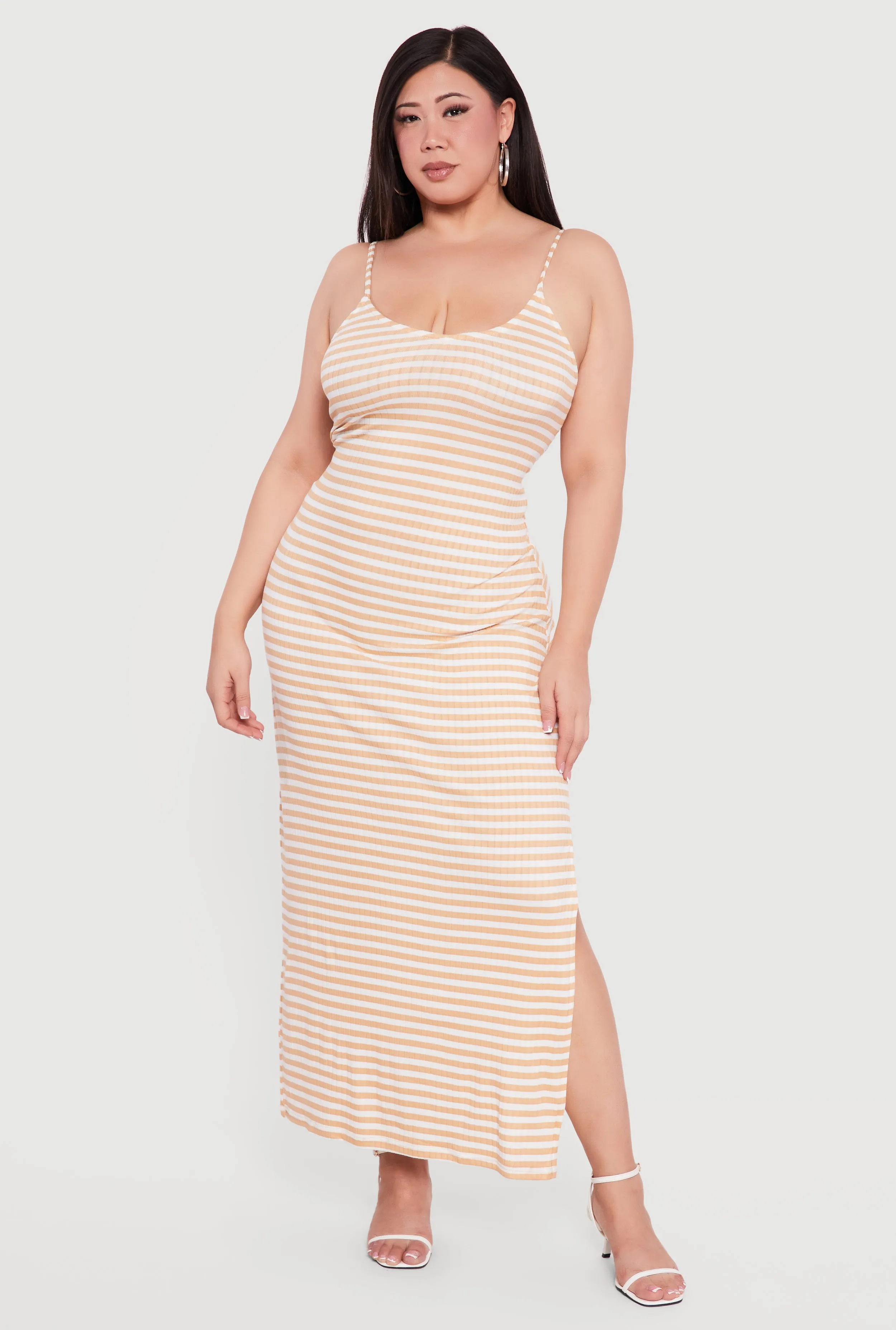 Plus Size Striped Rib Knit Side Slit Cami Maxi Dress sold by Rainbow