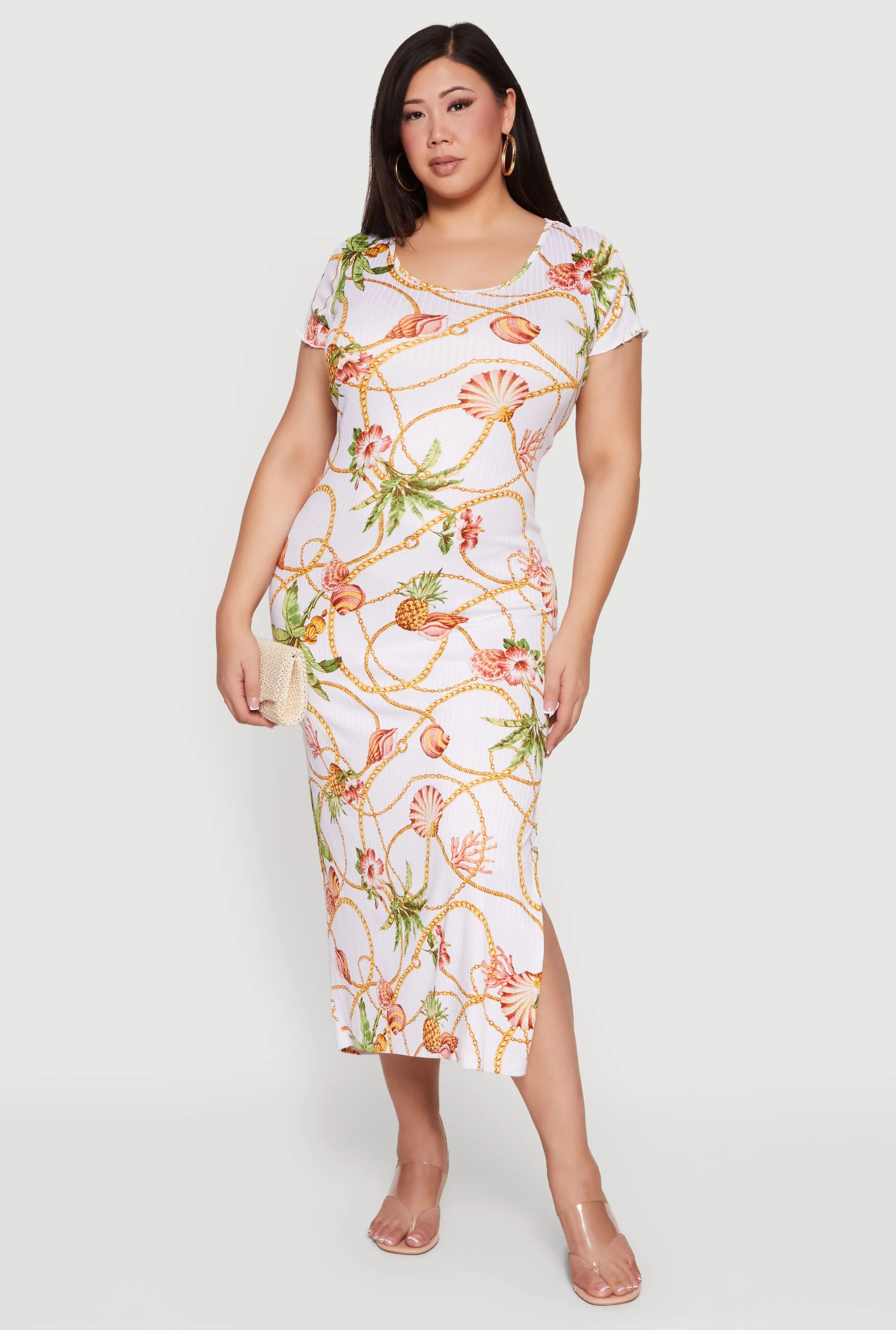 Plus Size Rib Knit Tropical Chain Patterned Midi Dress sold by Rainbow