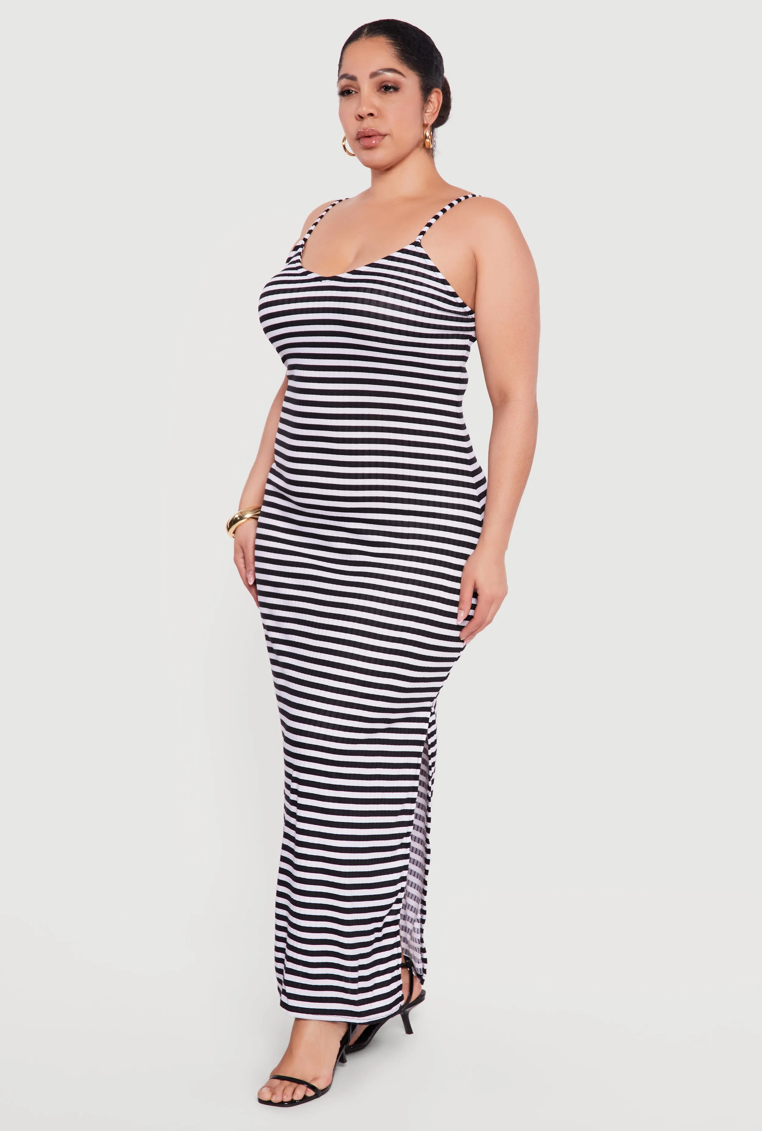 Plus Size Striped Rib Knit Side Slit Cami Maxi Dress sold by Rainbow product image thumbnail 2