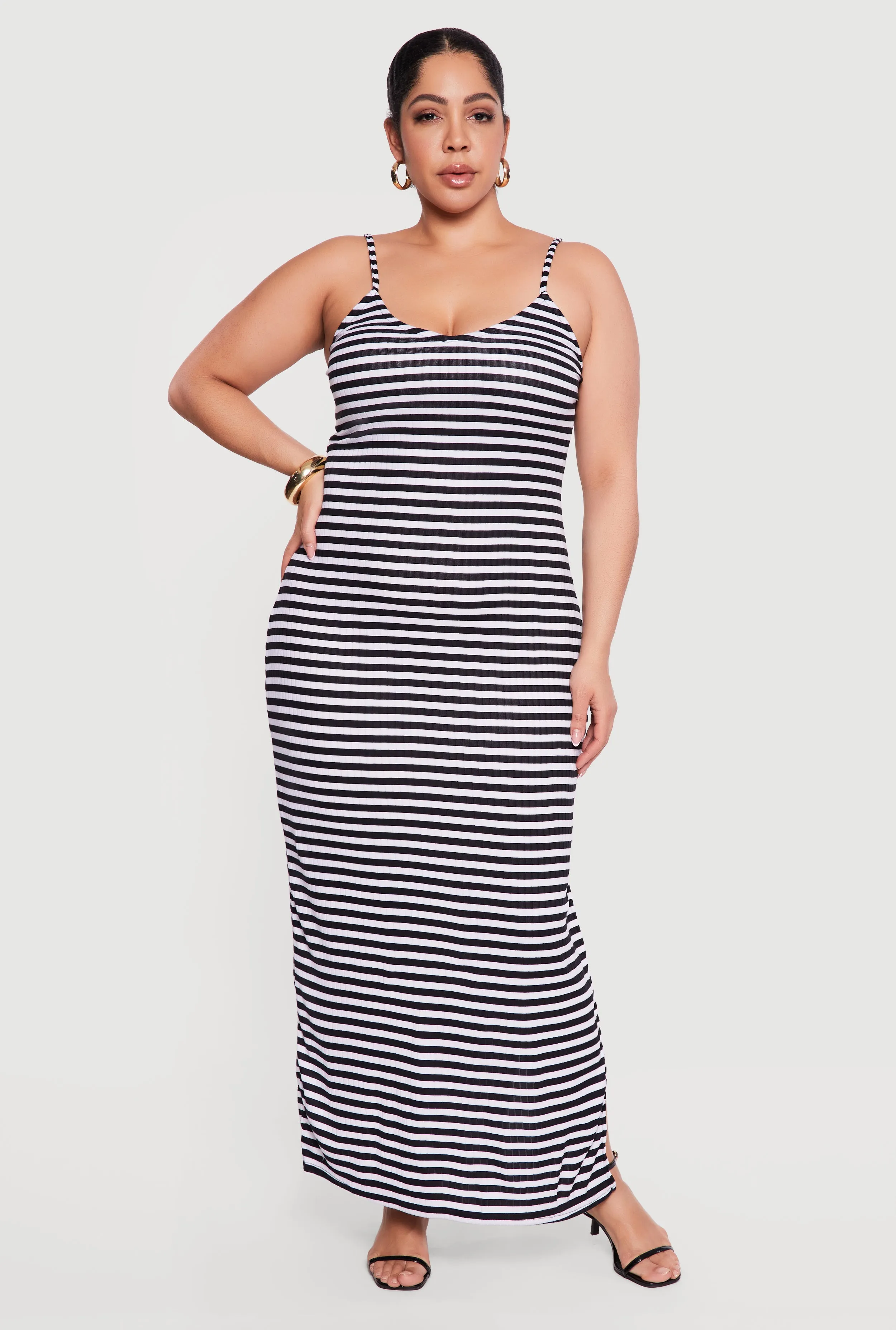 Plus Size Striped Rib Knit Side Slit Cami Maxi Dress sold by Rainbow