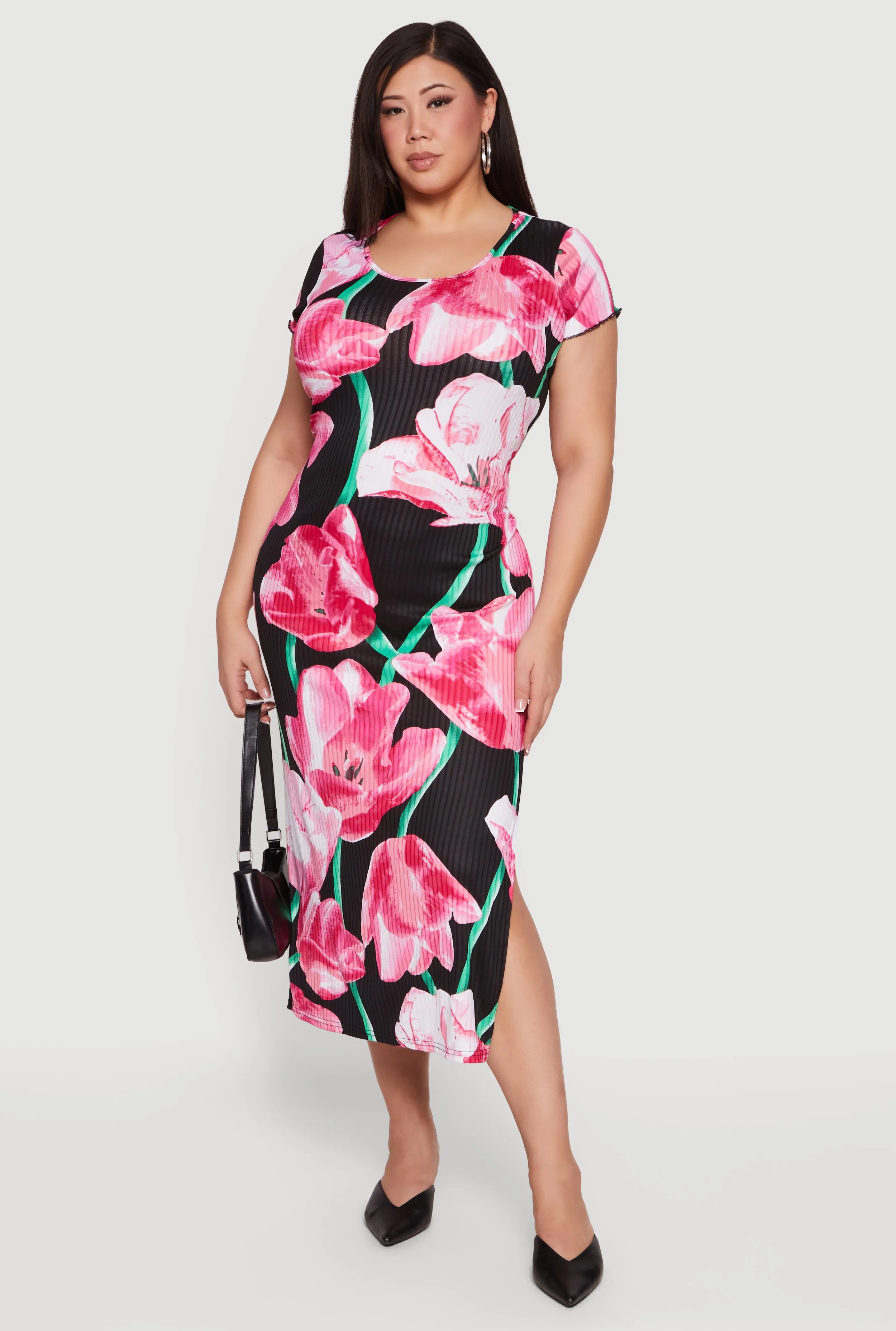 Plus Size Floral Print Side Slit Ribbed Knit Dress sold by Rainbow