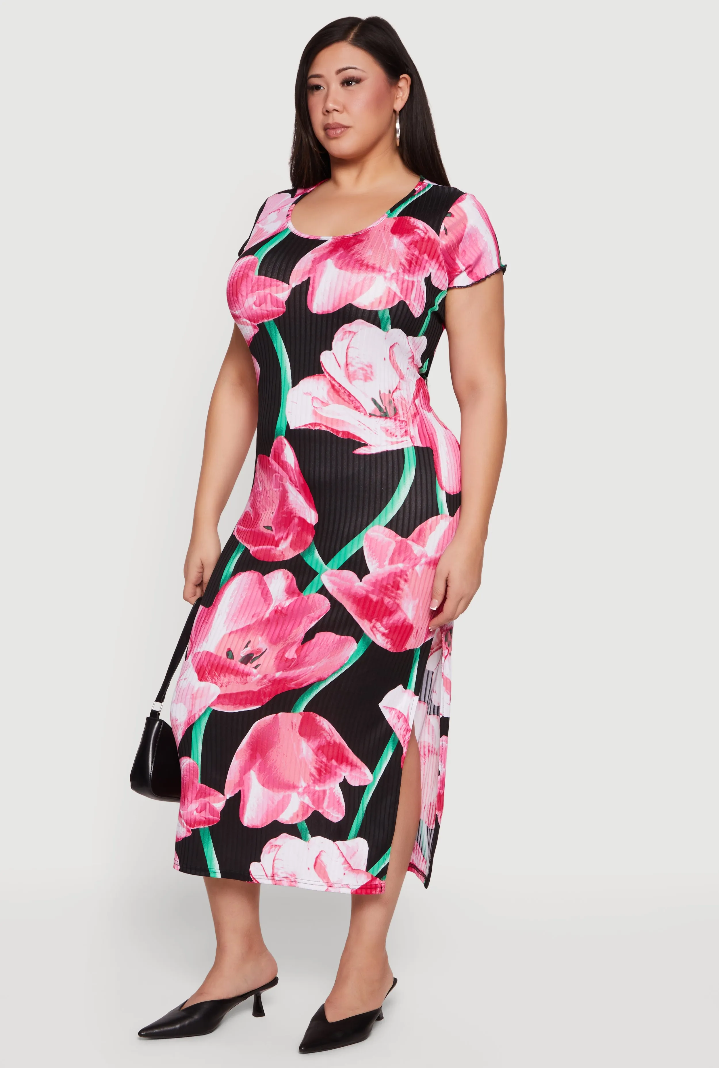 Plus Size Floral Print Side Slit Ribbed Knit Dress sold by Rainbow product image thumbnail 2