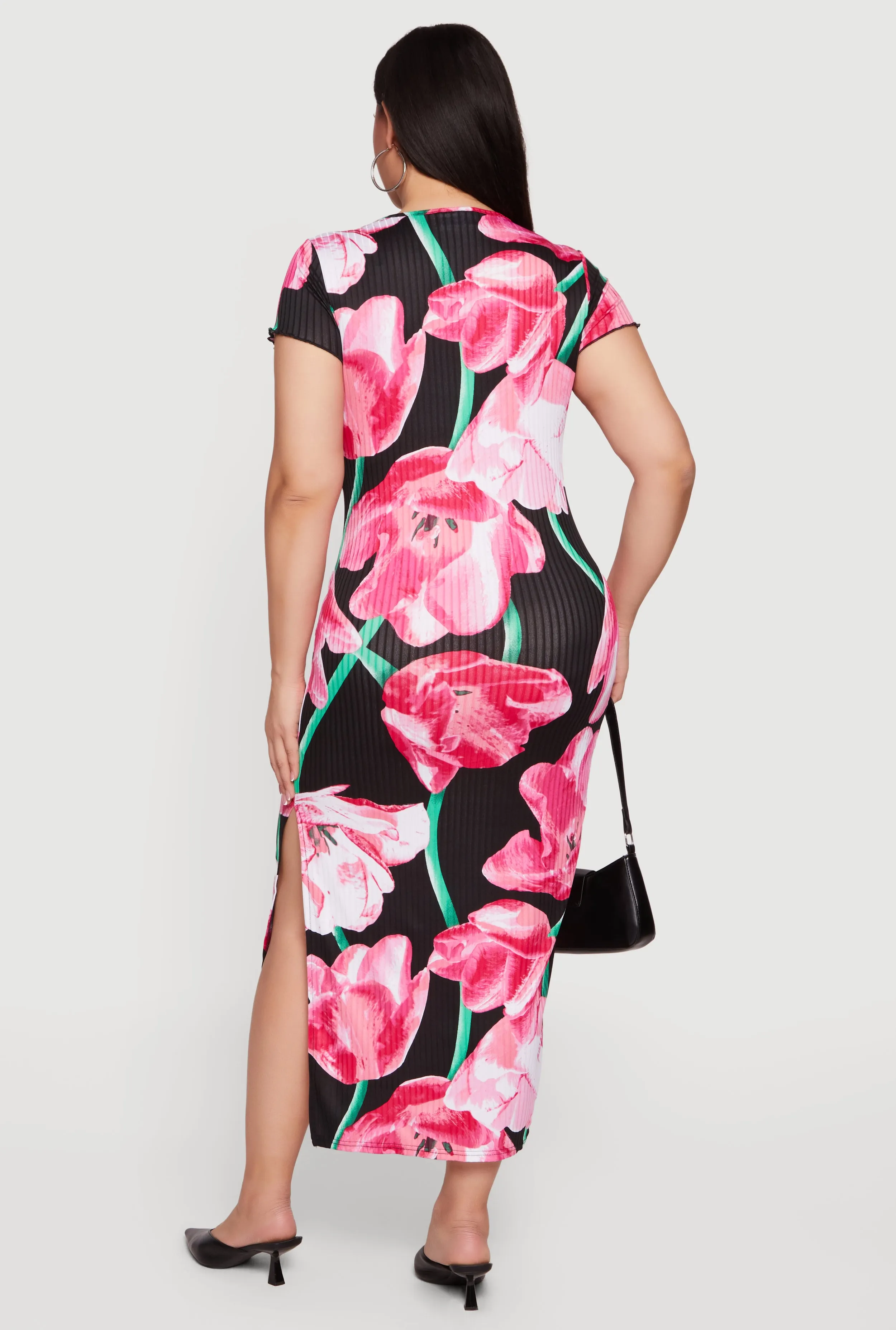 Plus Size Floral Print Side Slit Ribbed Knit Dress sold by Rainbow product image thumbnail 3