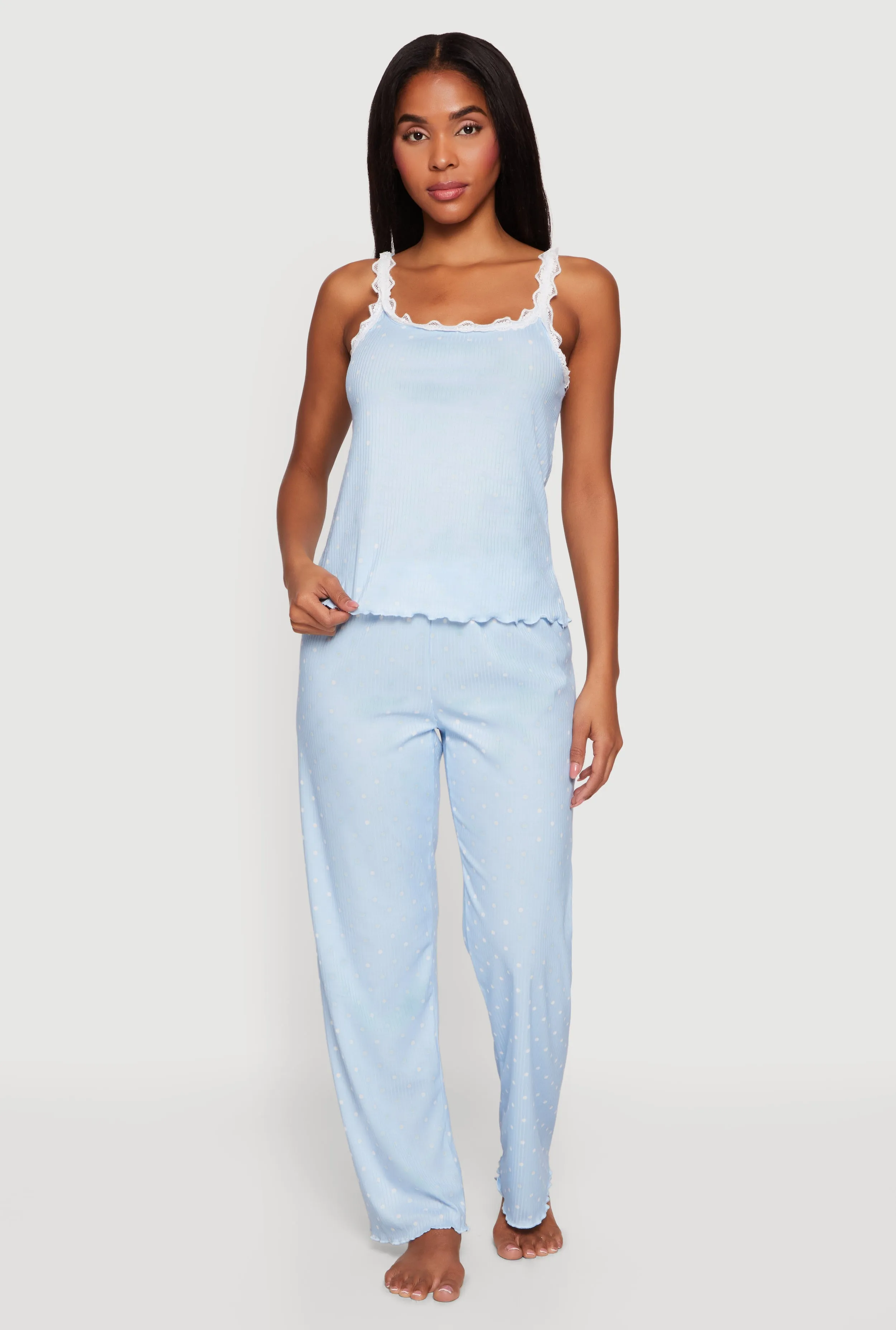 Lace Trim Lettuce Edge Polka Dot Pajama Top and Pants sold by Rainbow