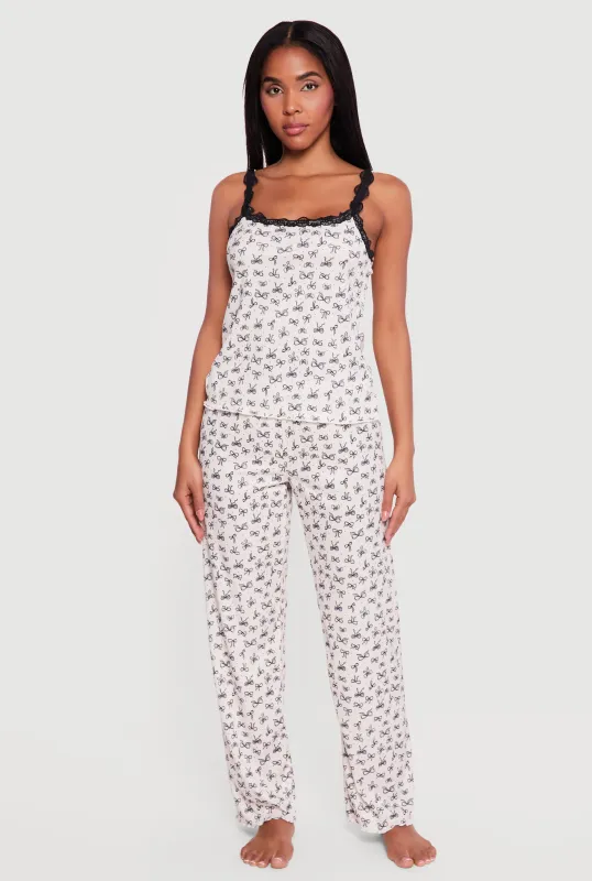 Bow Print Lace Trim Square Neck Pajama Cami and Pants Set sold by Rainbow
