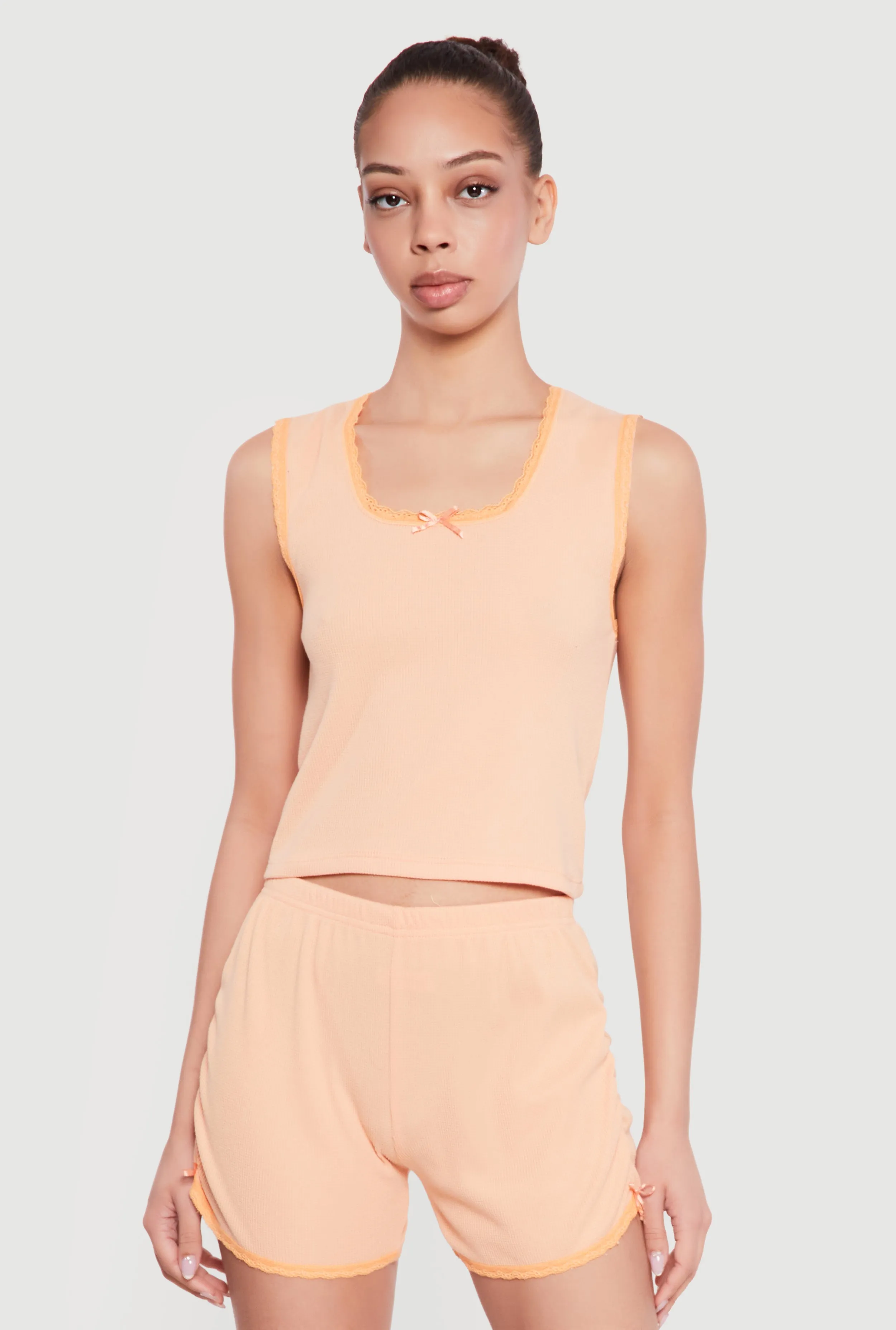 Waffle Knit Cropped Lettuce Edge Pajama Top and Shorts sold by Rainbow product image thumbnail 2