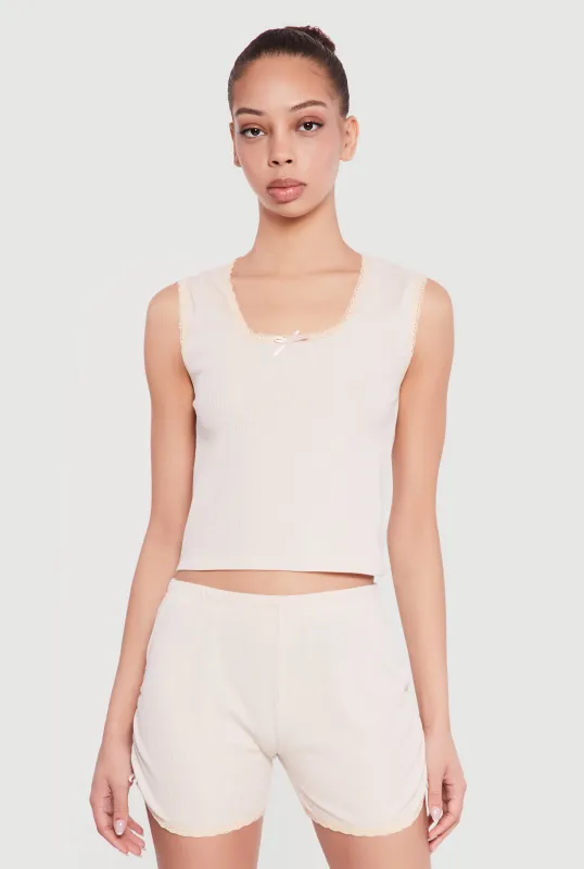 Waffle Knit Cropped Lettuce Edge Pajama Top and Shorts sold by Rainbow