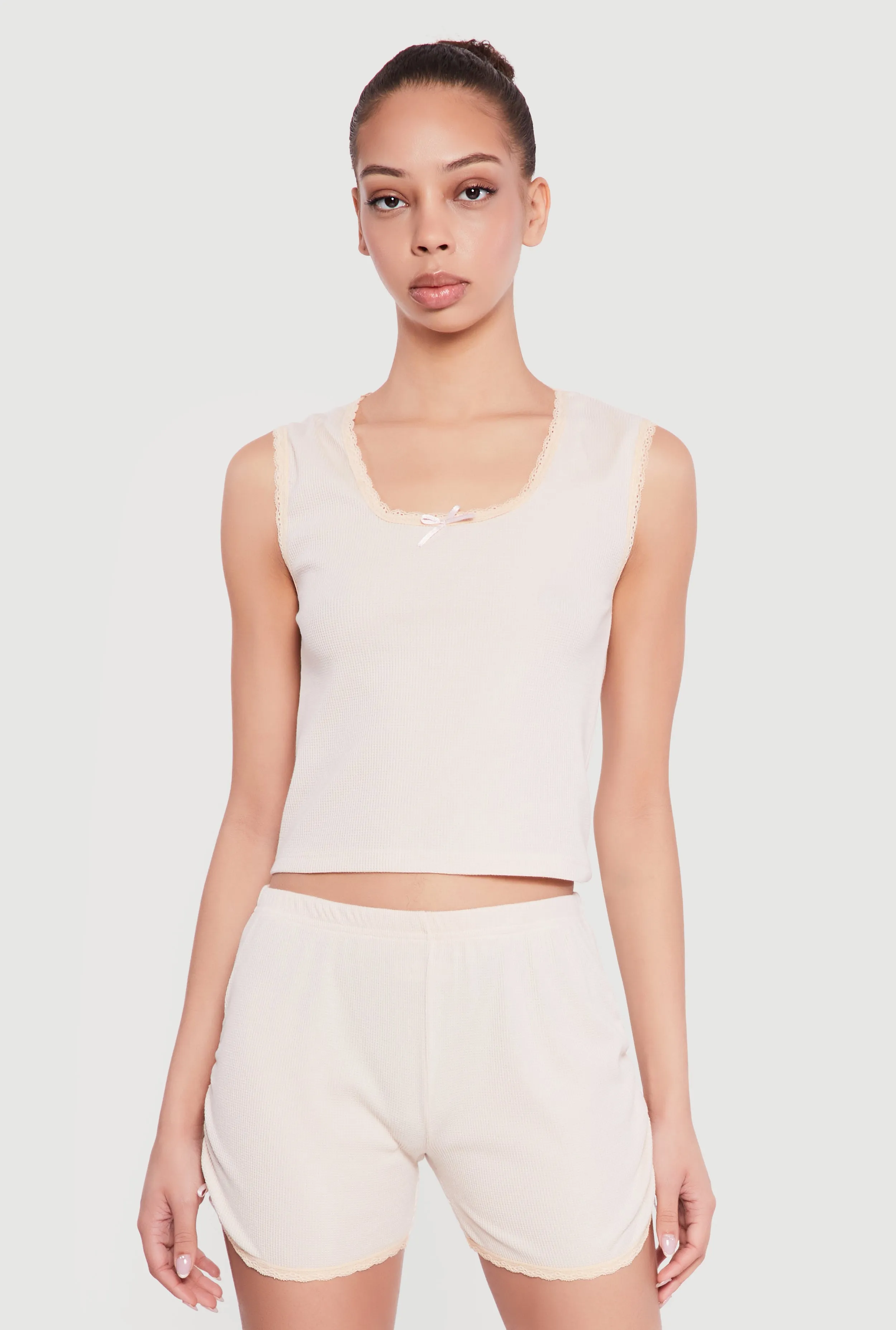 Waffle Knit Cropped Lettuce Edge Pajama Top and Shorts sold by Rainbow