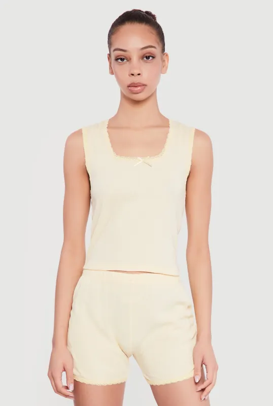 Waffle Knit Cropped Lettuce Edge Pajama Top and Shorts sold by Rainbow