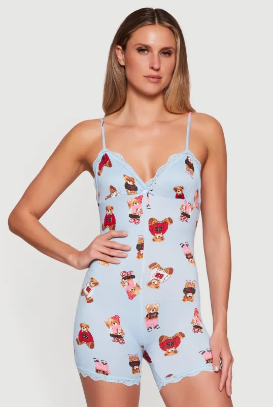 Bear Patterned Lace Trim Pajama Romper sold by Rainbow