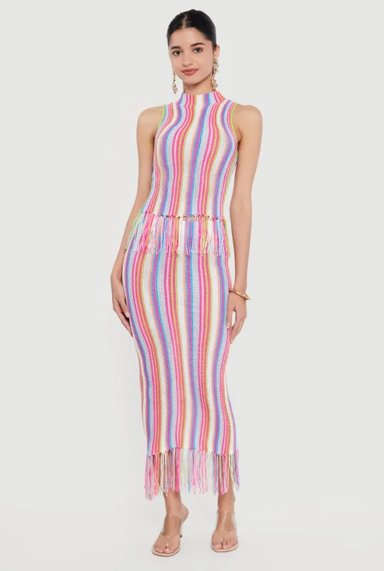 Striped Crochet Fringe Hem Maxi Skirt made by Rainbow