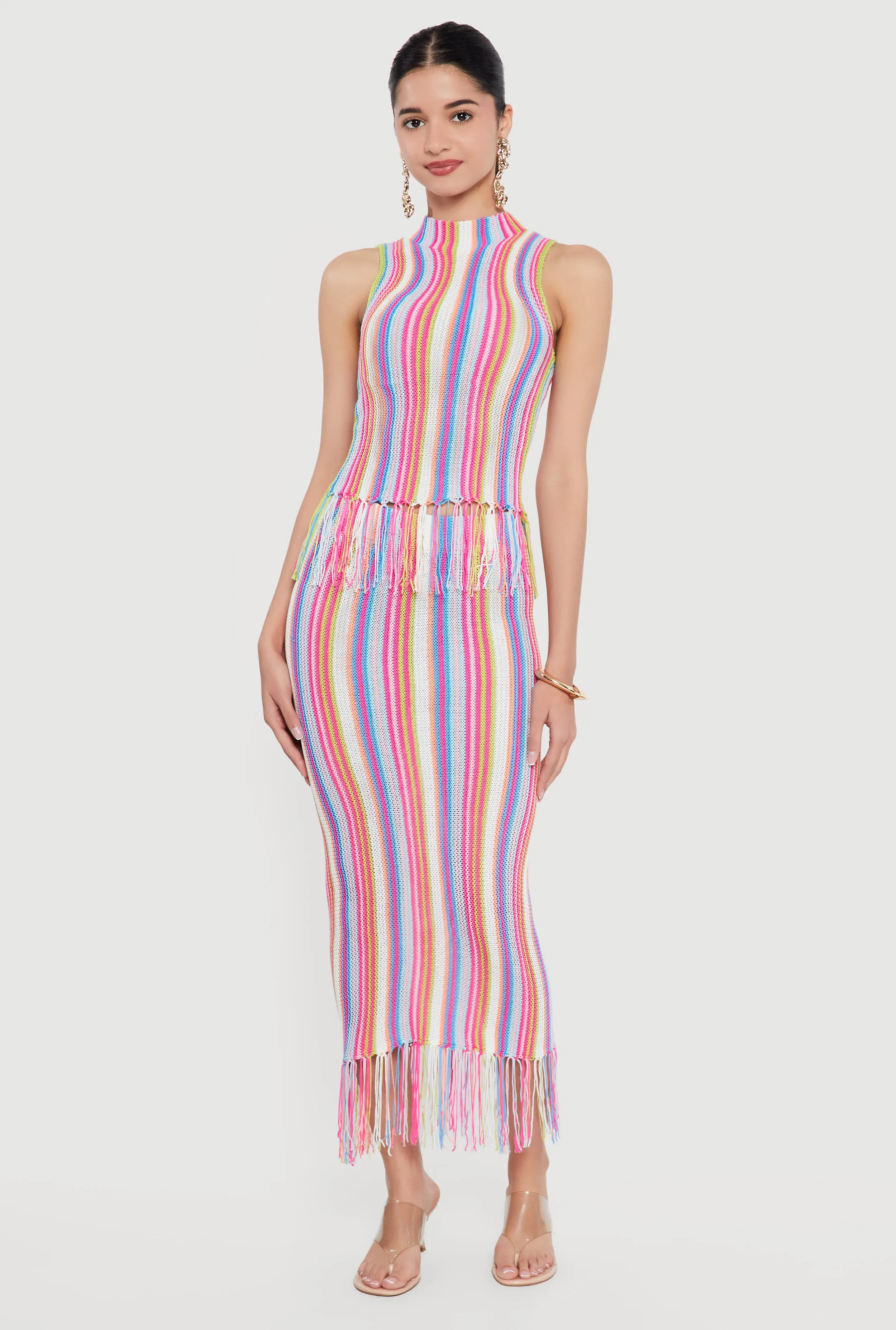 Striped Crochet Fringe Hem Maxi Skirt sold by Rainbow