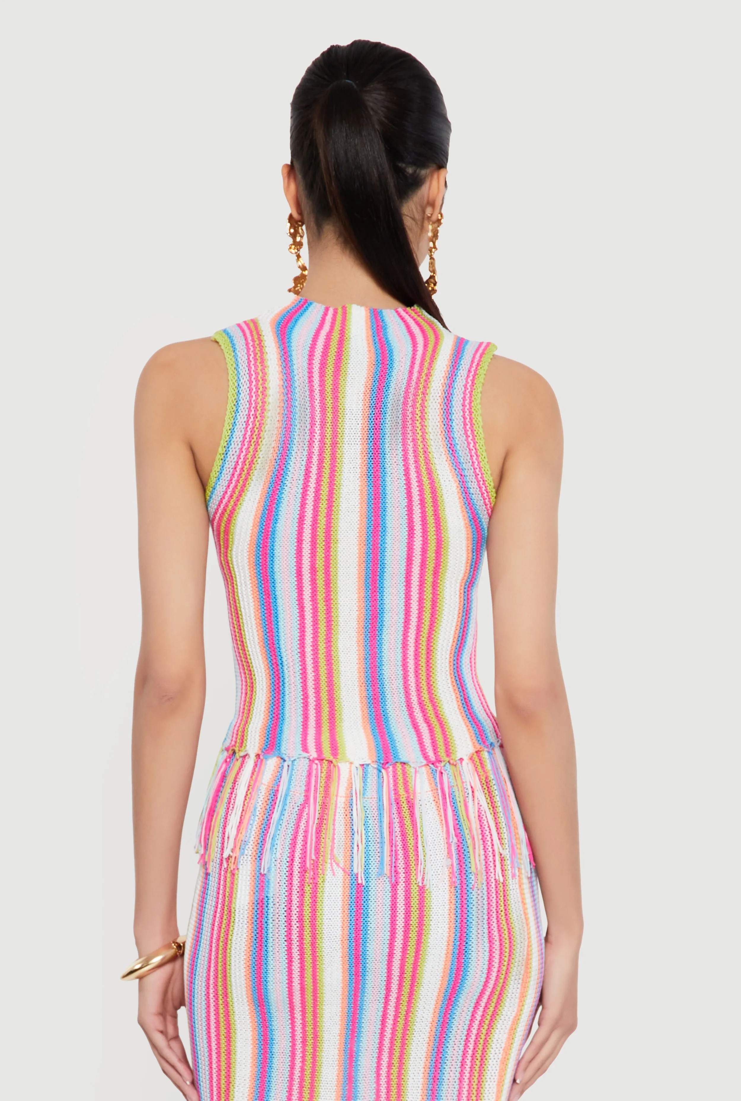 Striped Crochet Sleeveless Mock Neck Fringe Hem Top sold by Rainbow product image thumbnail 5