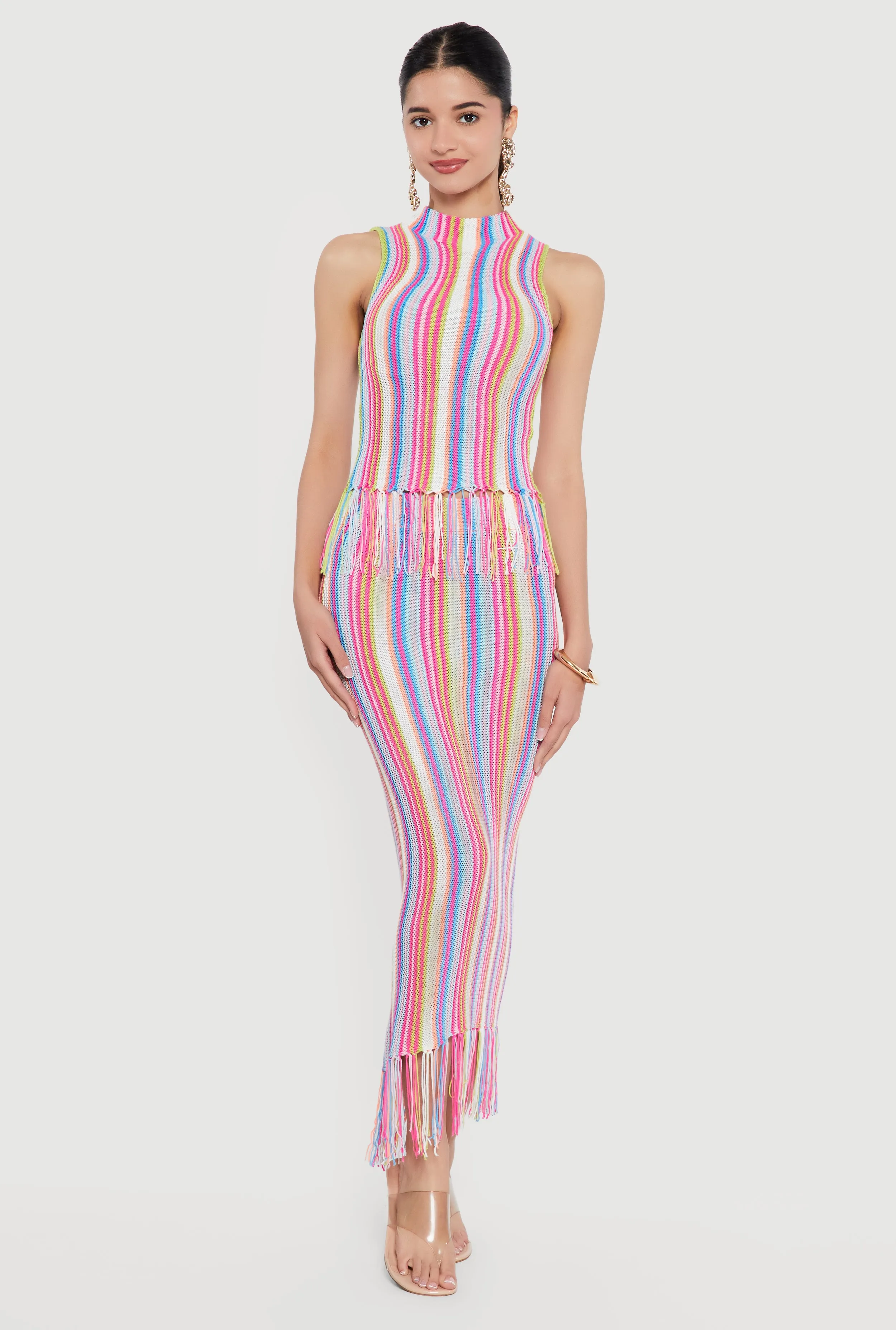 Striped Crochet Sleeveless Mock Neck Fringe Hem Top sold by Rainbow product image thumbnail 2