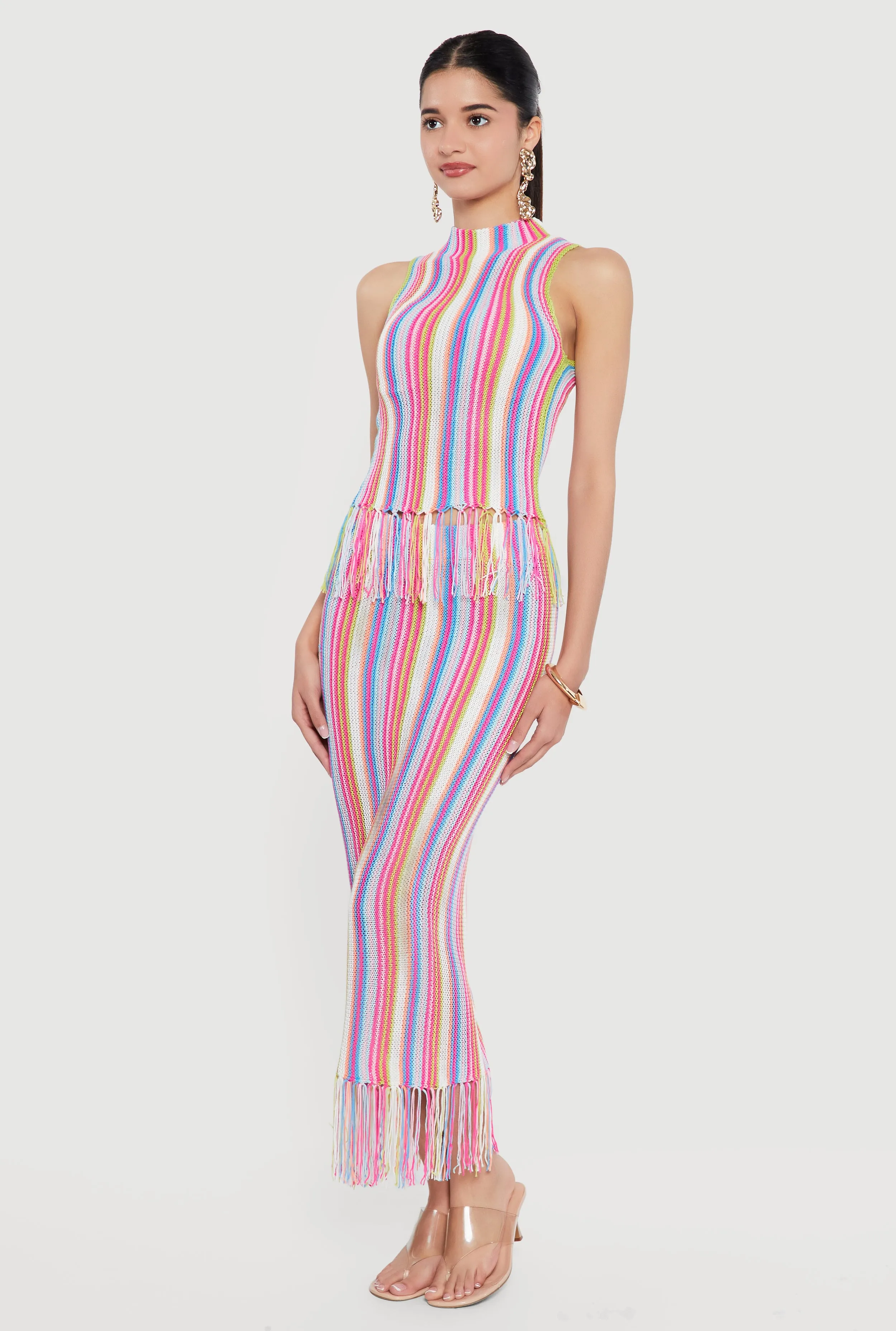 Striped Crochet Sleeveless Mock Neck Fringe Hem Top sold by Rainbow product image thumbnail 3