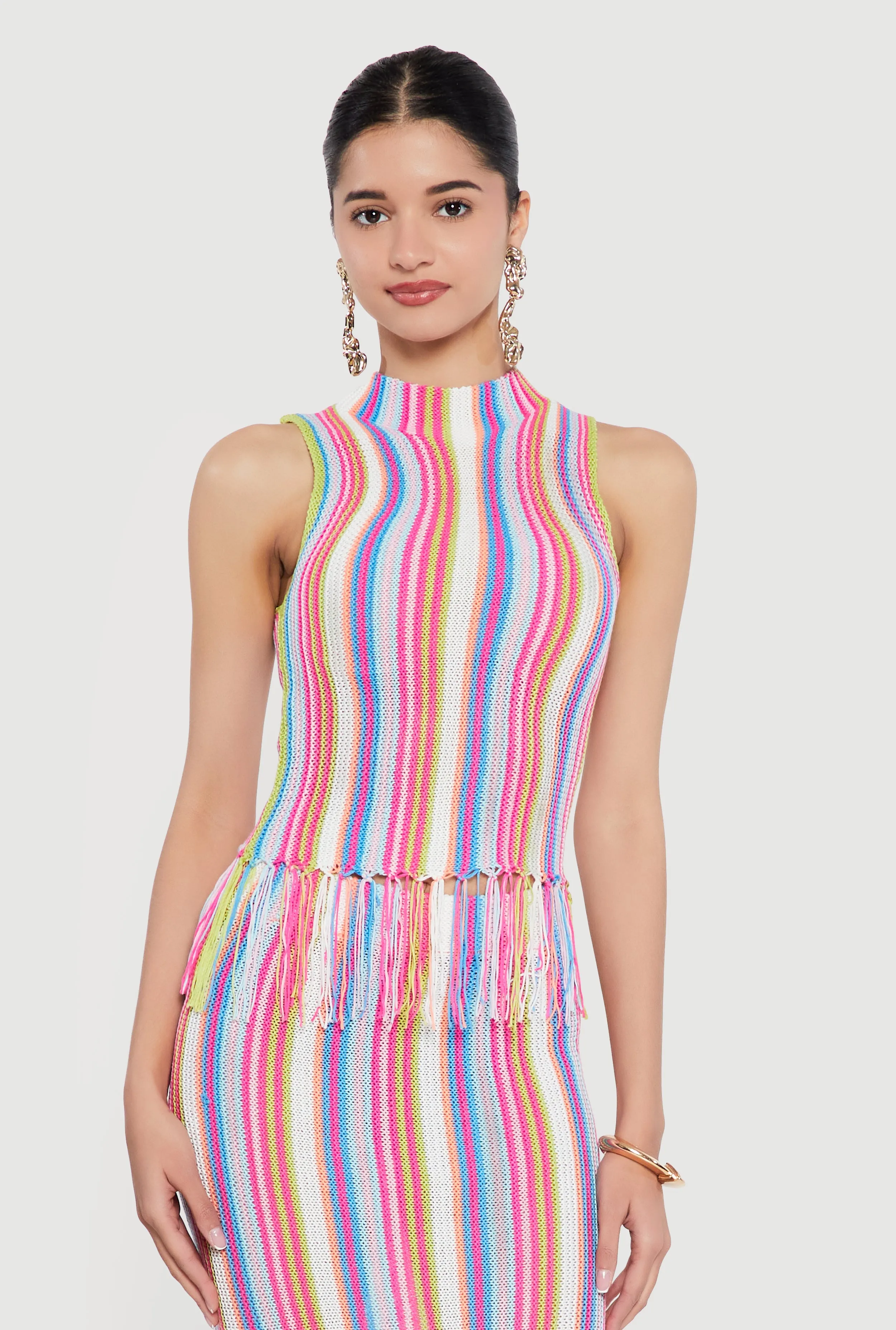 Striped Crochet Sleeveless Mock Neck Fringe Hem Top sold by Rainbow