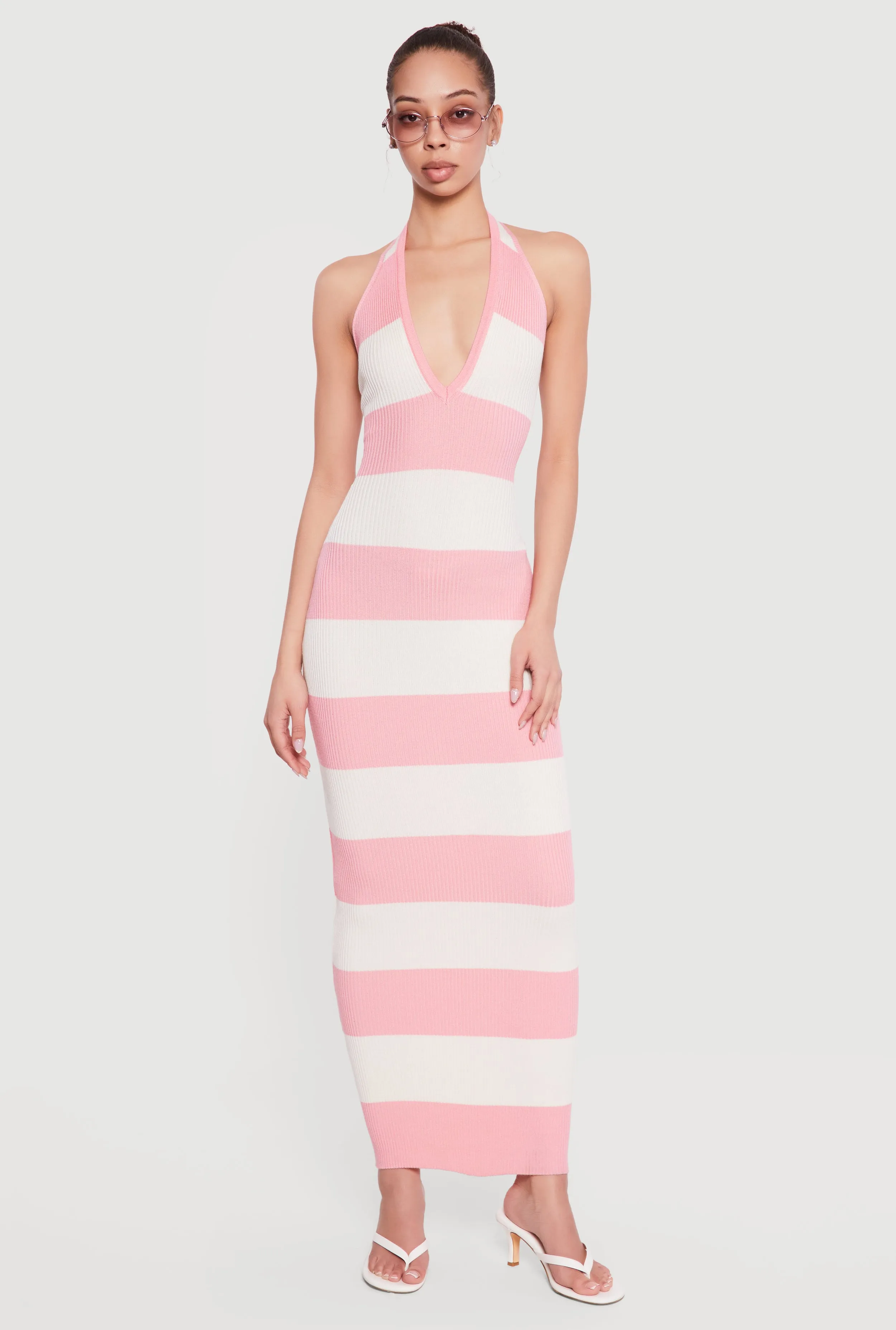 Striped Rib Knit Lace Up Back Halter Maxi Dress sold by Rainbow product image thumbnail 2