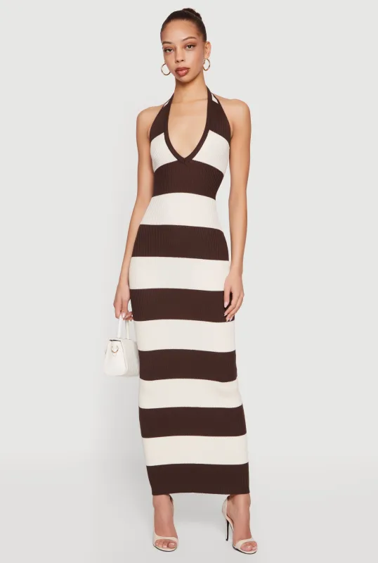 Striped Rib Knit Lace Up Back Halter Maxi Dress sold by Rainbow