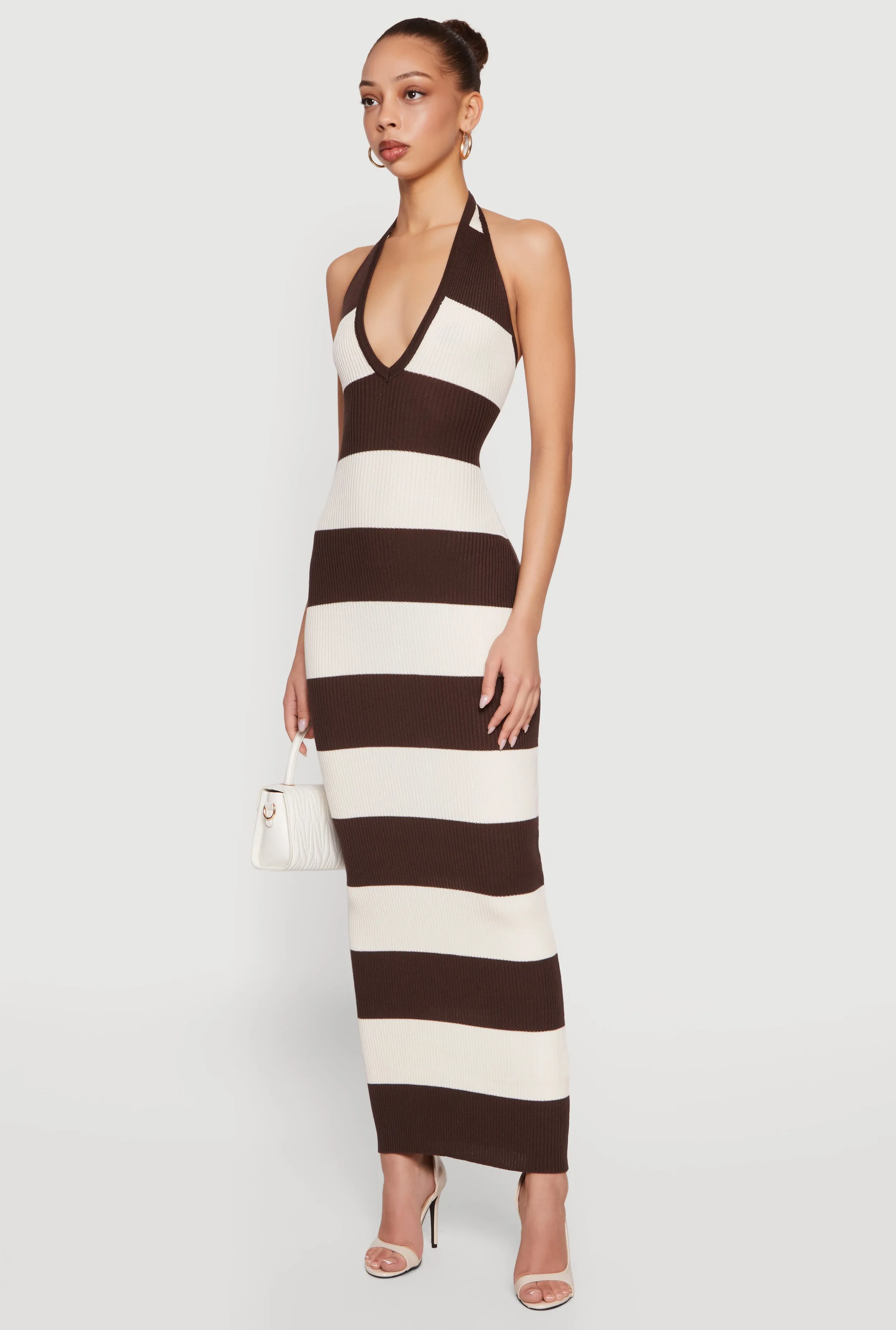 Striped Rib Knit Lace Up Back Halter Maxi Dress sold by Rainbow product image thumbnail 2