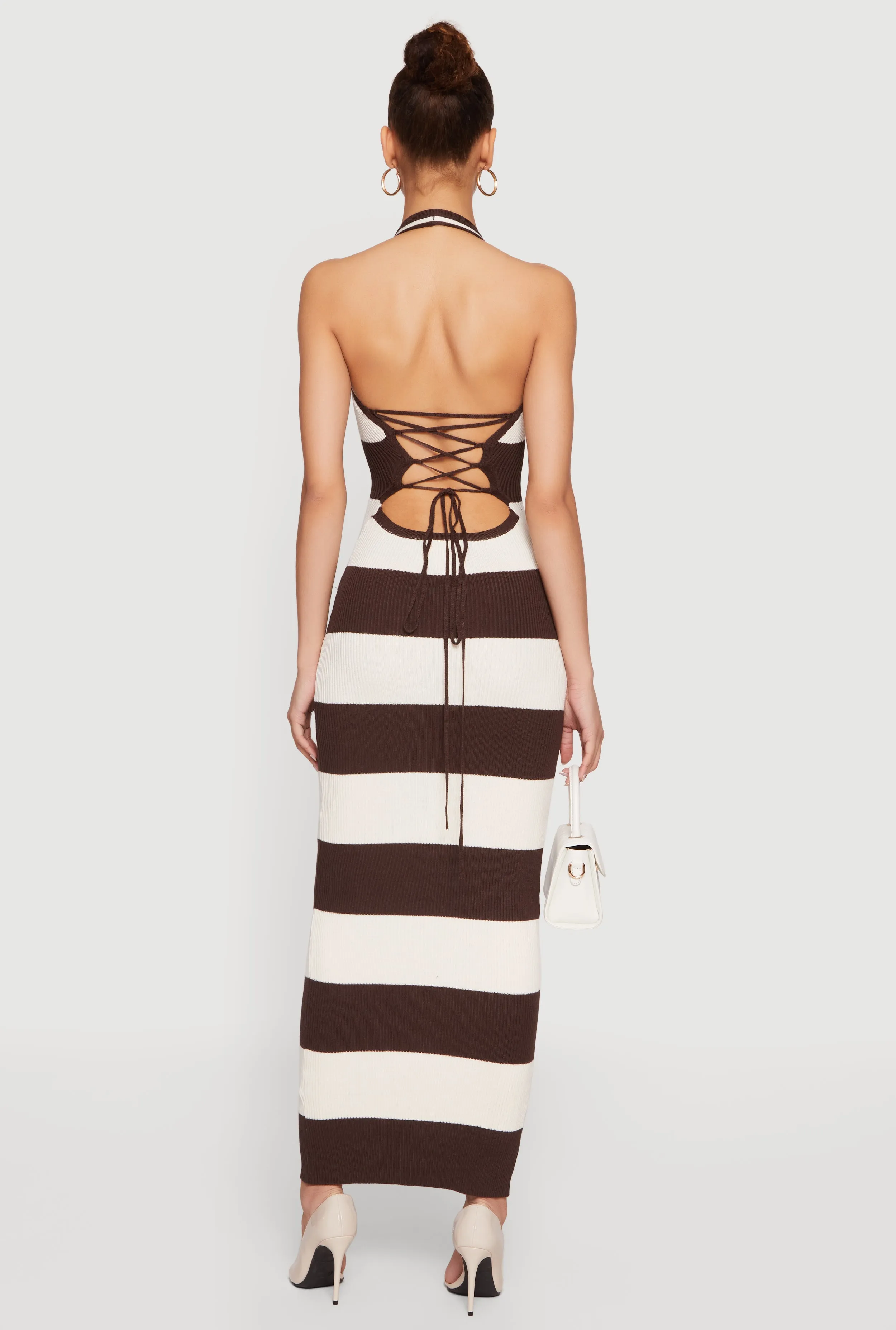Striped Rib Knit Lace Up Back Halter Maxi Dress sold by Rainbow product image thumbnail 3