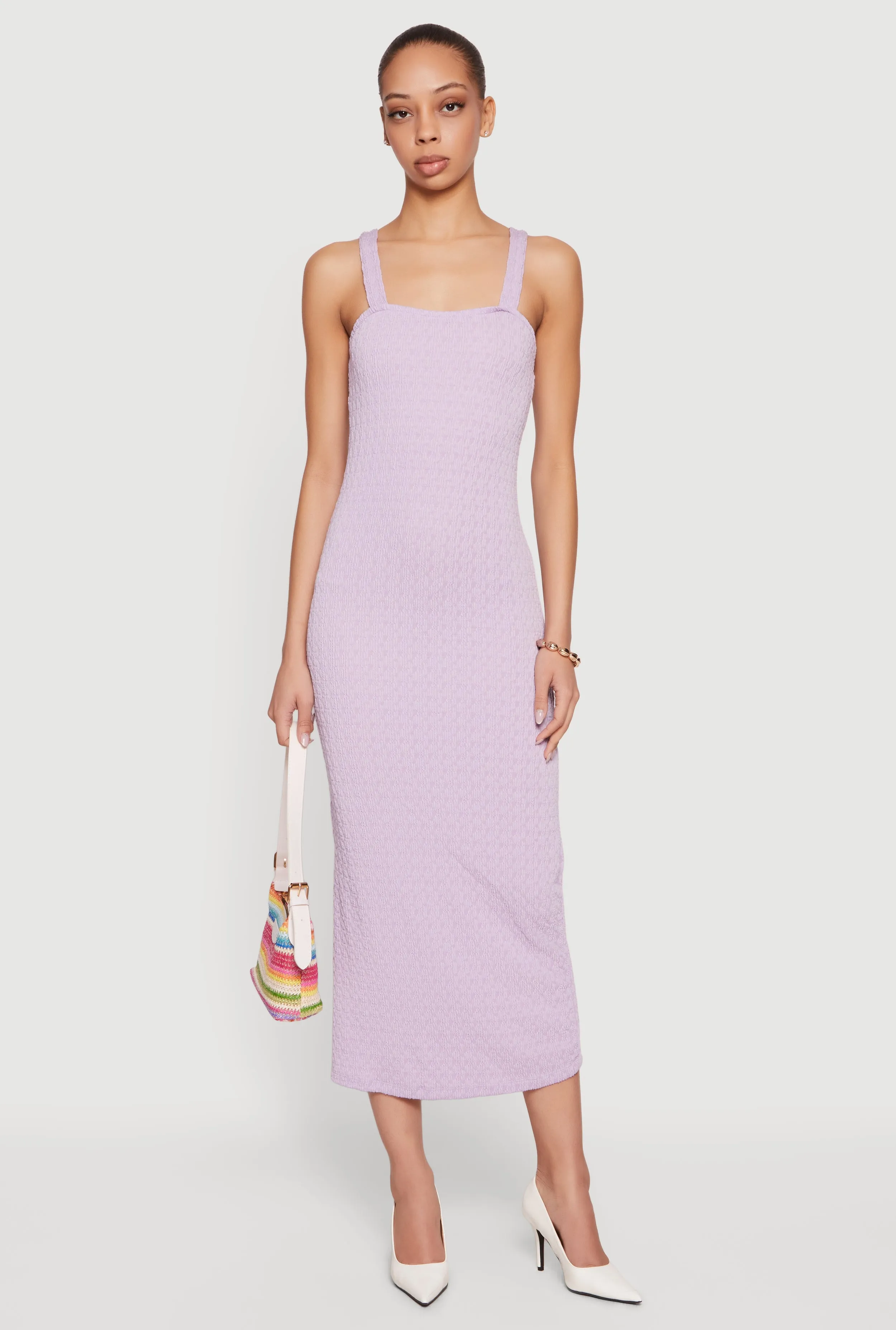 Textured Knit Square Neck Side Slit Midi Dress sold by Rainbow