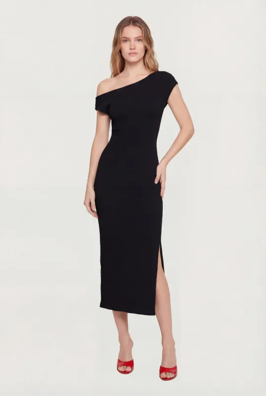 Ruched One Shoulder Textured Knit Midi Dress sold by Rainbow