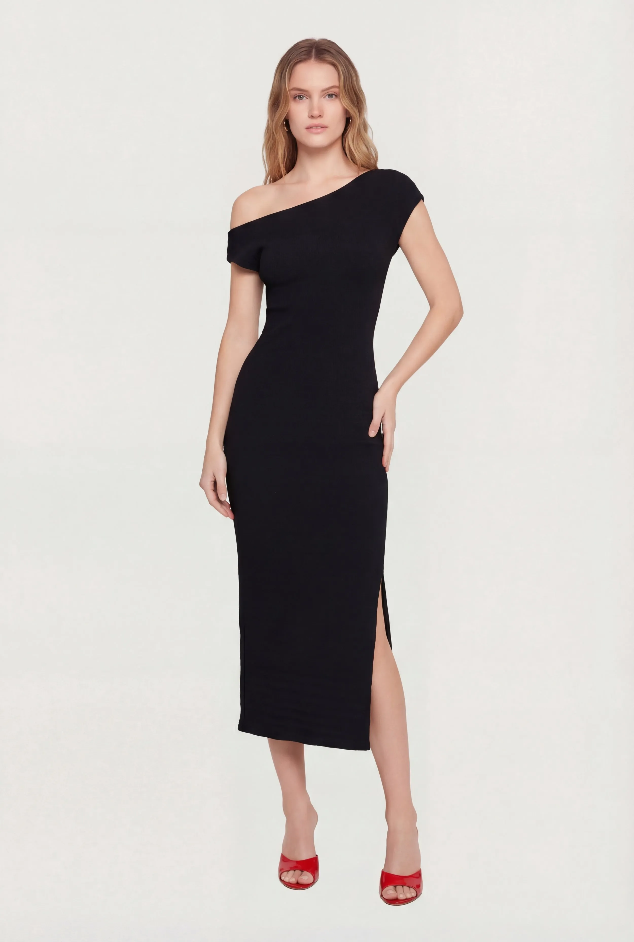 Ruched One Shoulder Textured Knit Midi Dress sold by Rainbow