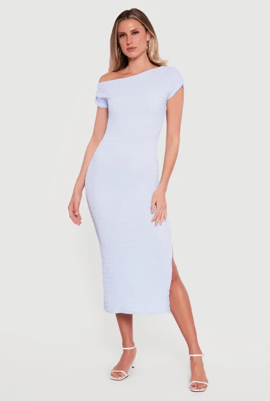 Ruched One Shoulder Textured Knit Midi Dress sold by Rainbow