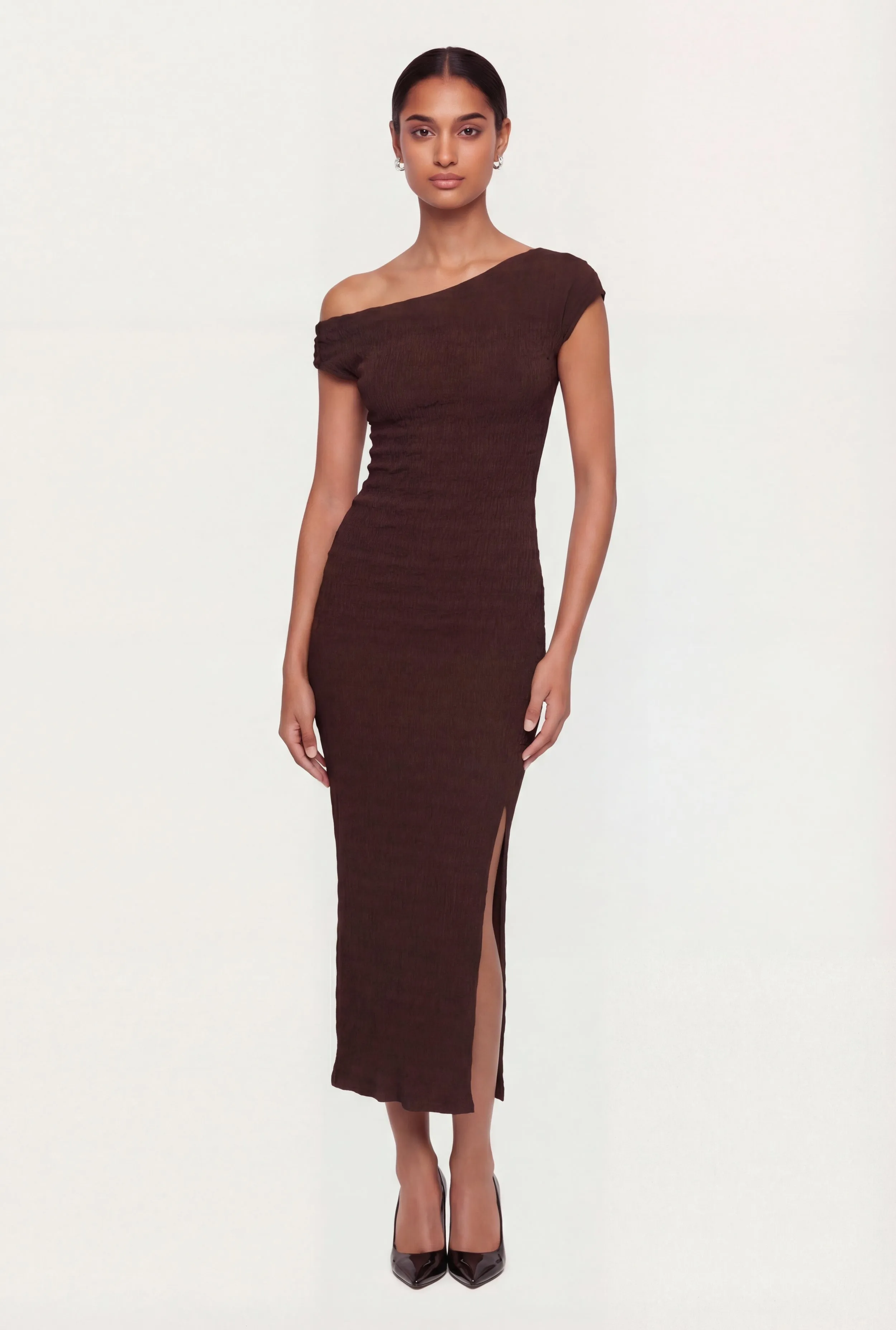 Ruched One Shoulder Textured Knit Midi Dress sold by Rainbow