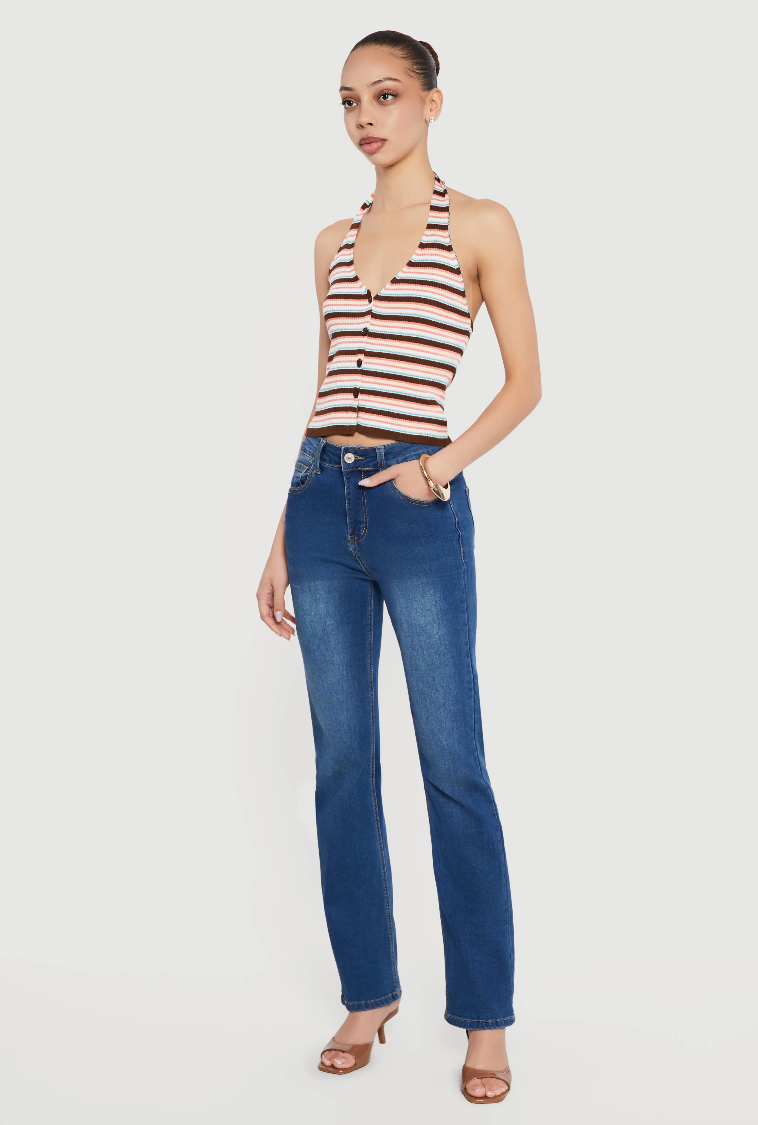 Striped Rib Knit Button Front Halter Top sold by Rainbow product image thumbnail 3