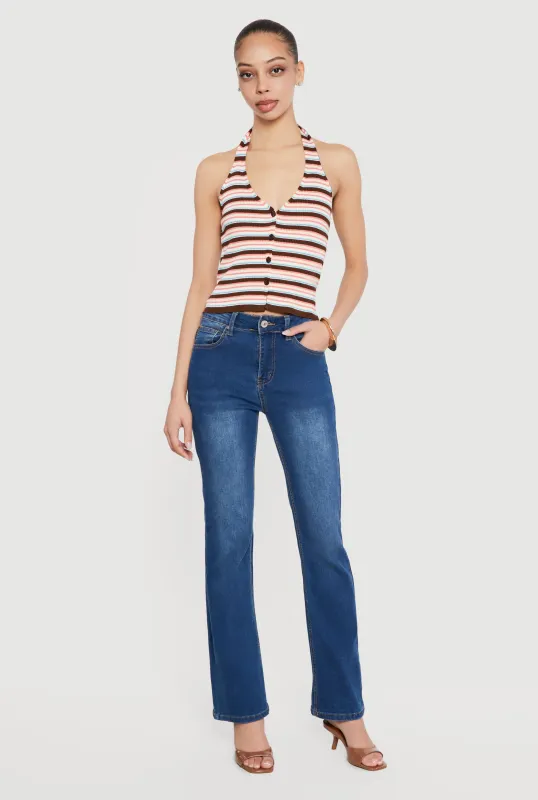 Striped Rib Knit Button Front Halter Top sold by Rainbow