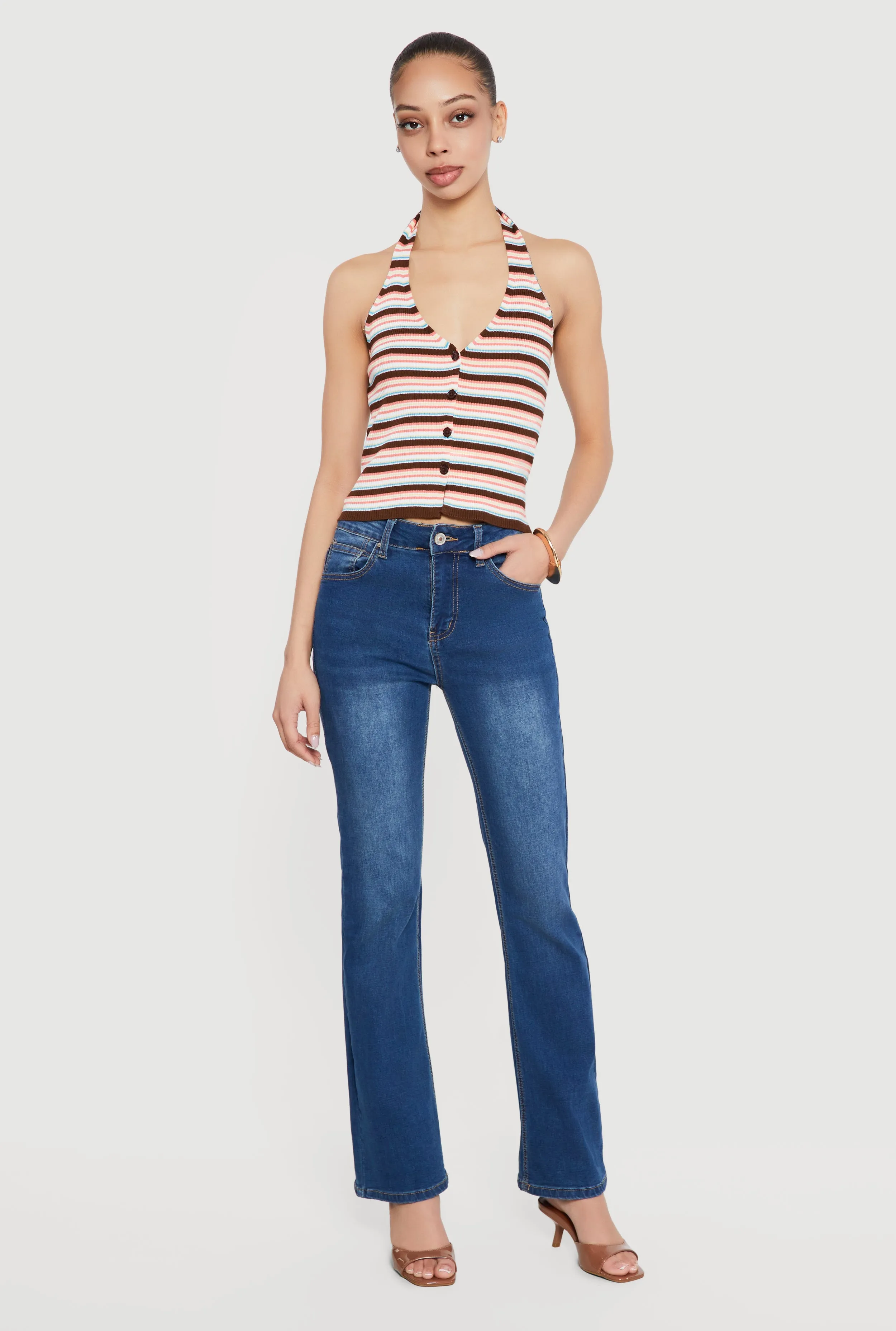 Striped Rib Knit Button Front Halter Top sold by Rainbow