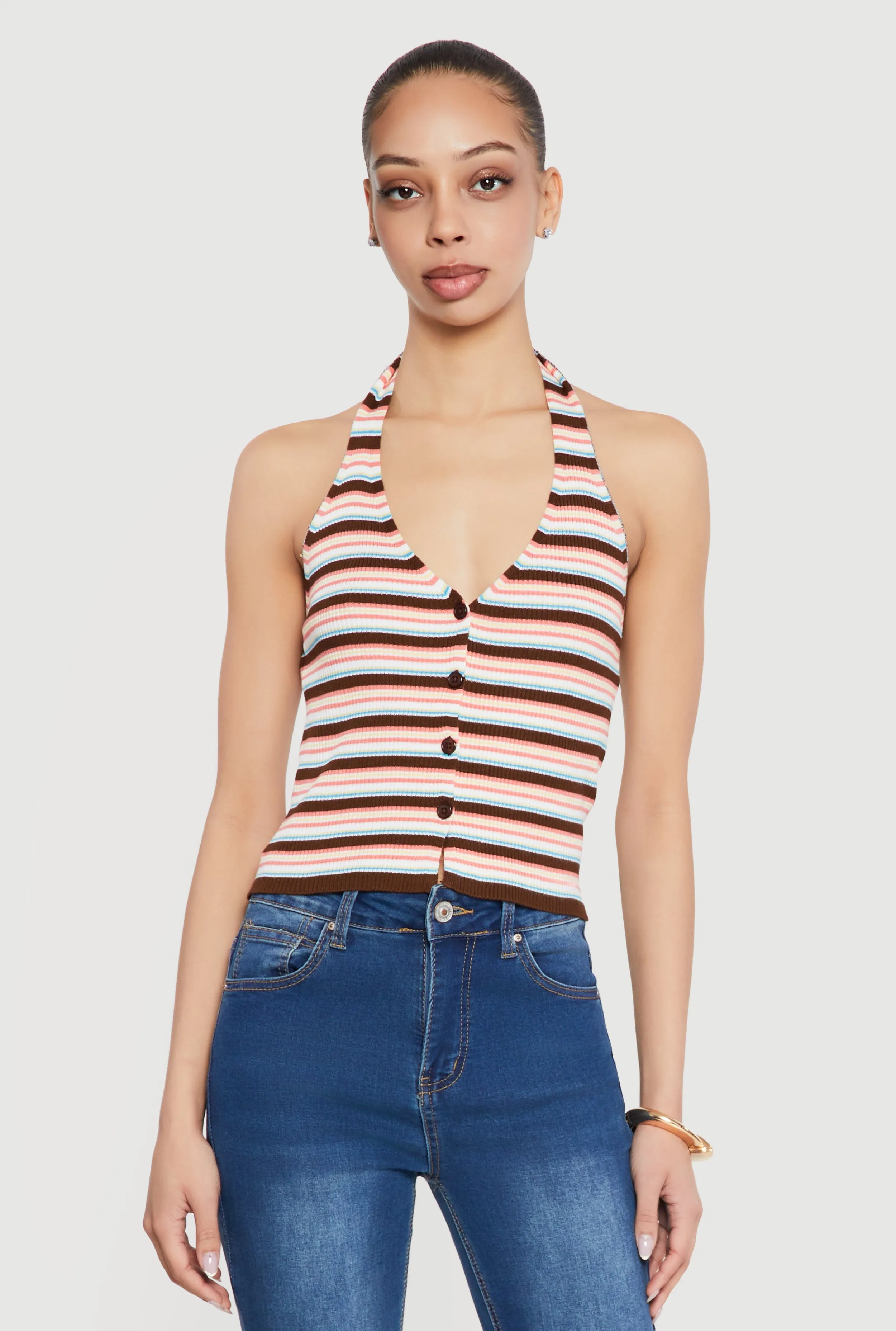 Striped Rib Knit Button Front Halter Top sold by Rainbow product image thumbnail 2