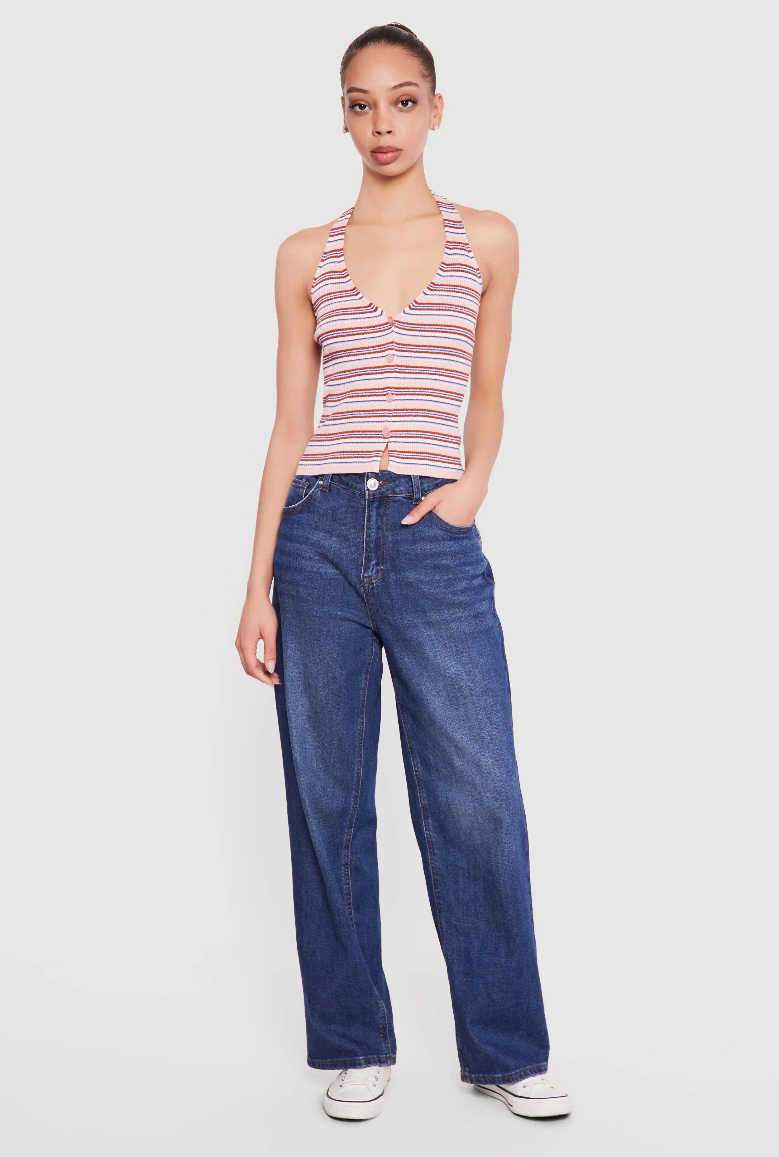 Striped Rib Knit Button Front Halter Top sold by Rainbow