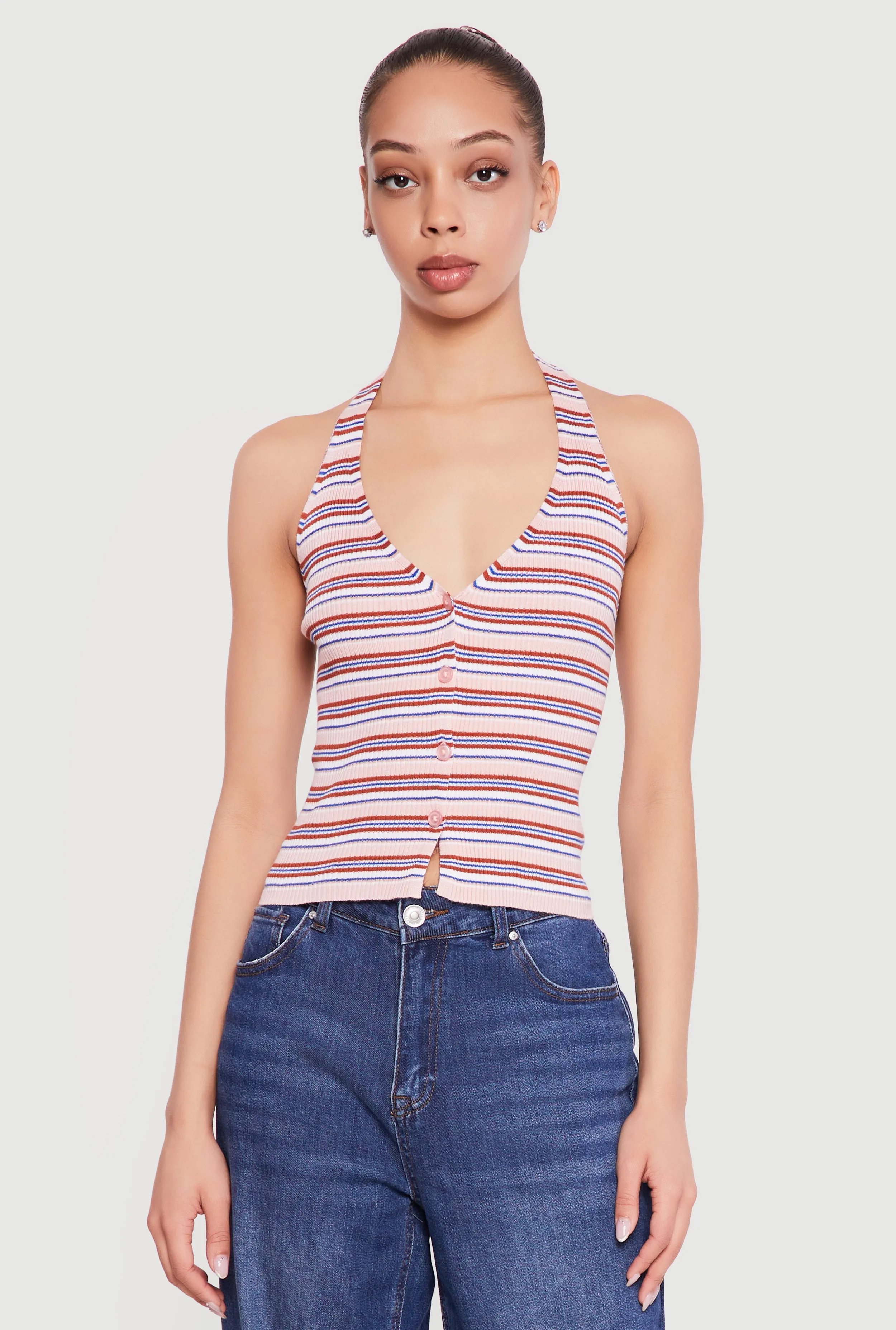 Striped Rib Knit Button Front Halter Top sold by Rainbow product image thumbnail 2