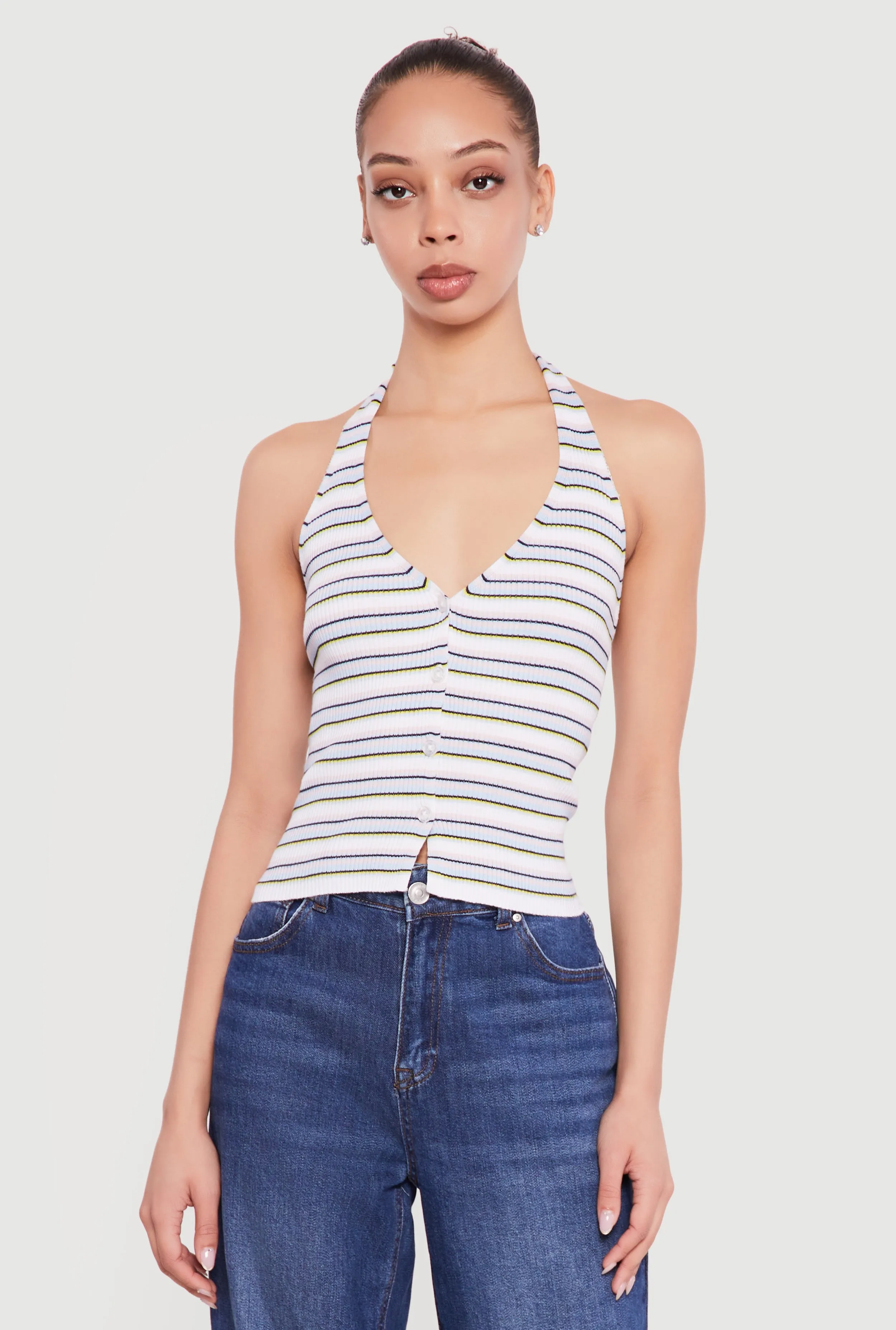 Striped Rib Knit Button Front Halter Top sold by Rainbow product image thumbnail 2
