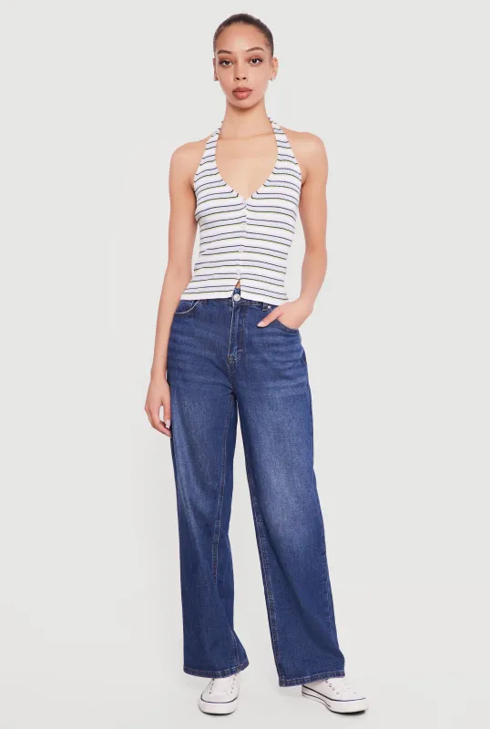 Striped Rib Knit Button Front Halter Top sold by Rainbow